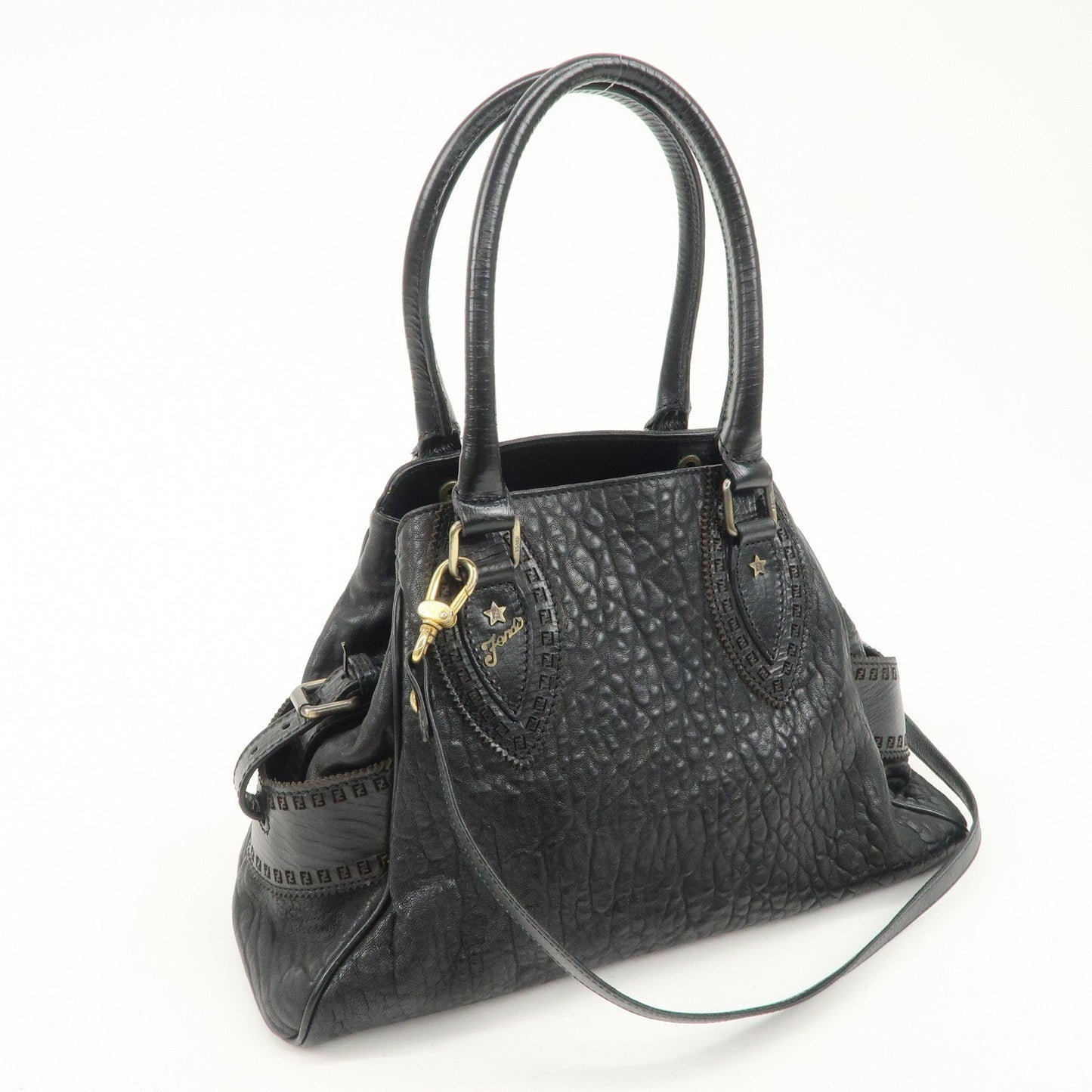 FENDI Ethnico Zucca Canvas Leather Shoulder Bag Black 8BN157  d