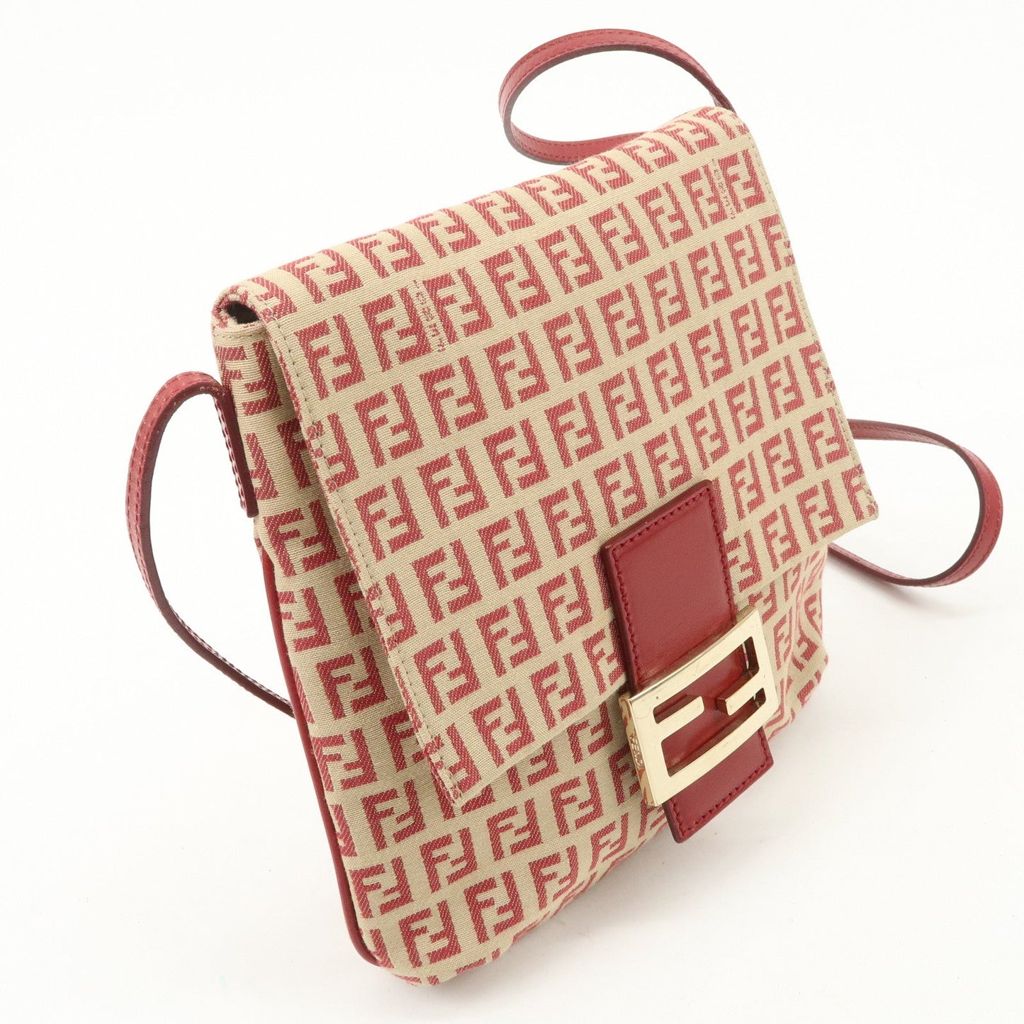 FENDI Zucchino Canvas Leather Shoulder Bag Beige Red 8BT075  d