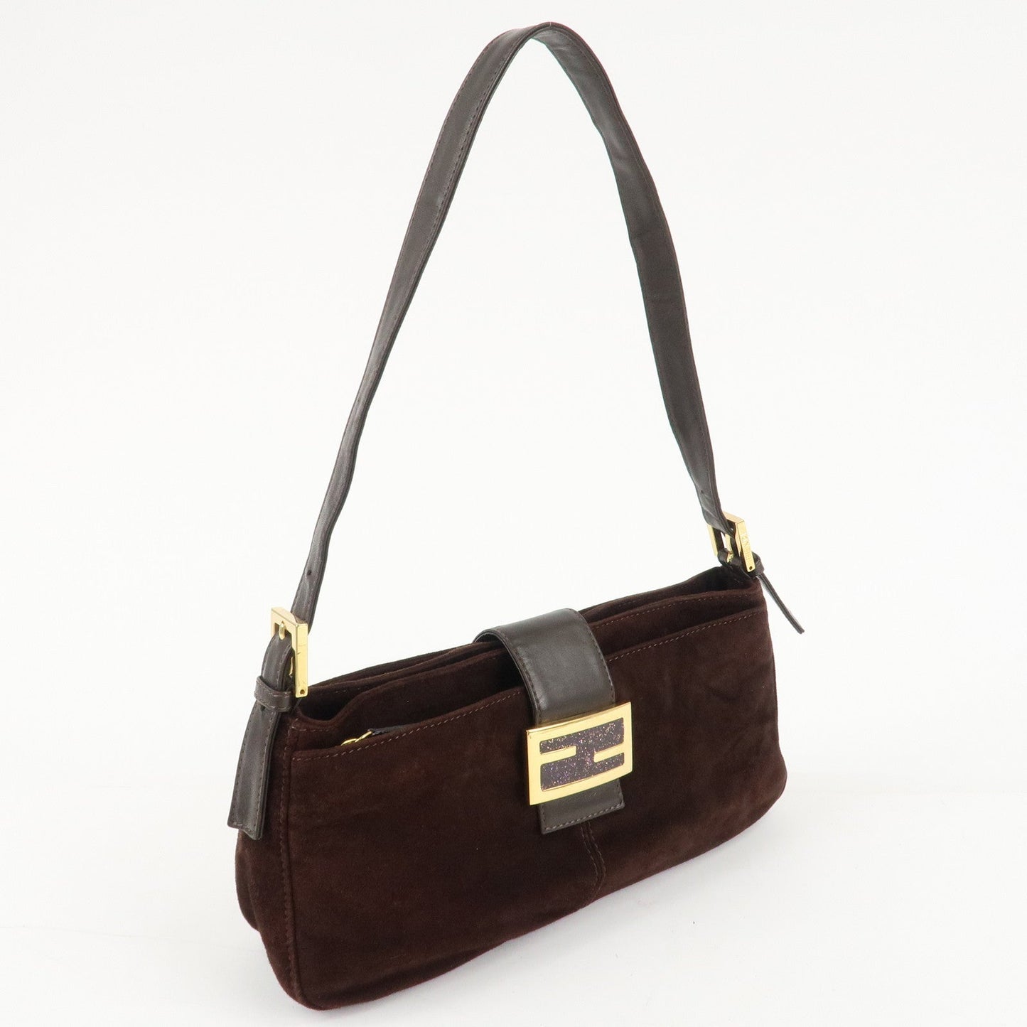 FENDI Suede Leather Shoulder Bag Dark Brown 26722  d