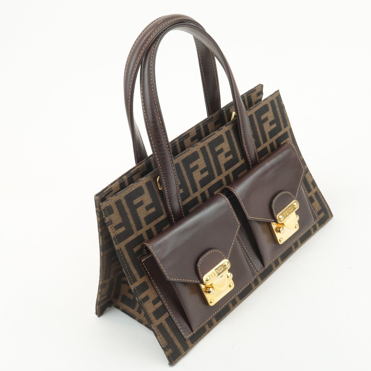 FENDI Zucca Canvas Leather Boston Bag Hand Bag Brown Black  d