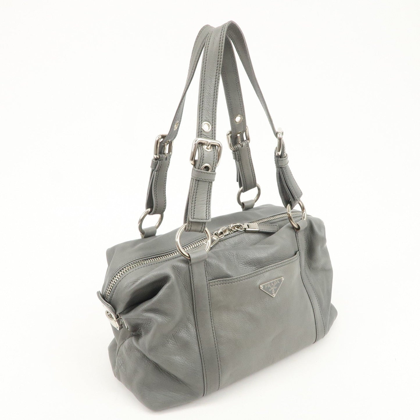 PRADA Leather Boston Bag Shoulder Bag Gray Silver Hardware  d