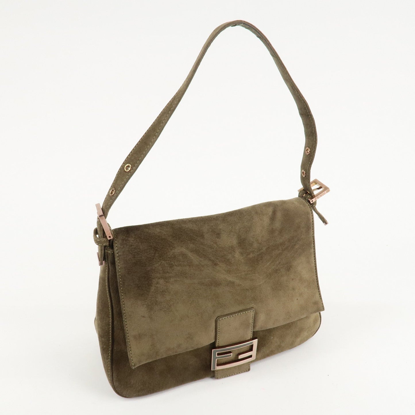 FENDI Mamma Baguette Suede Shoulder Bag Khaki 8BR001  d