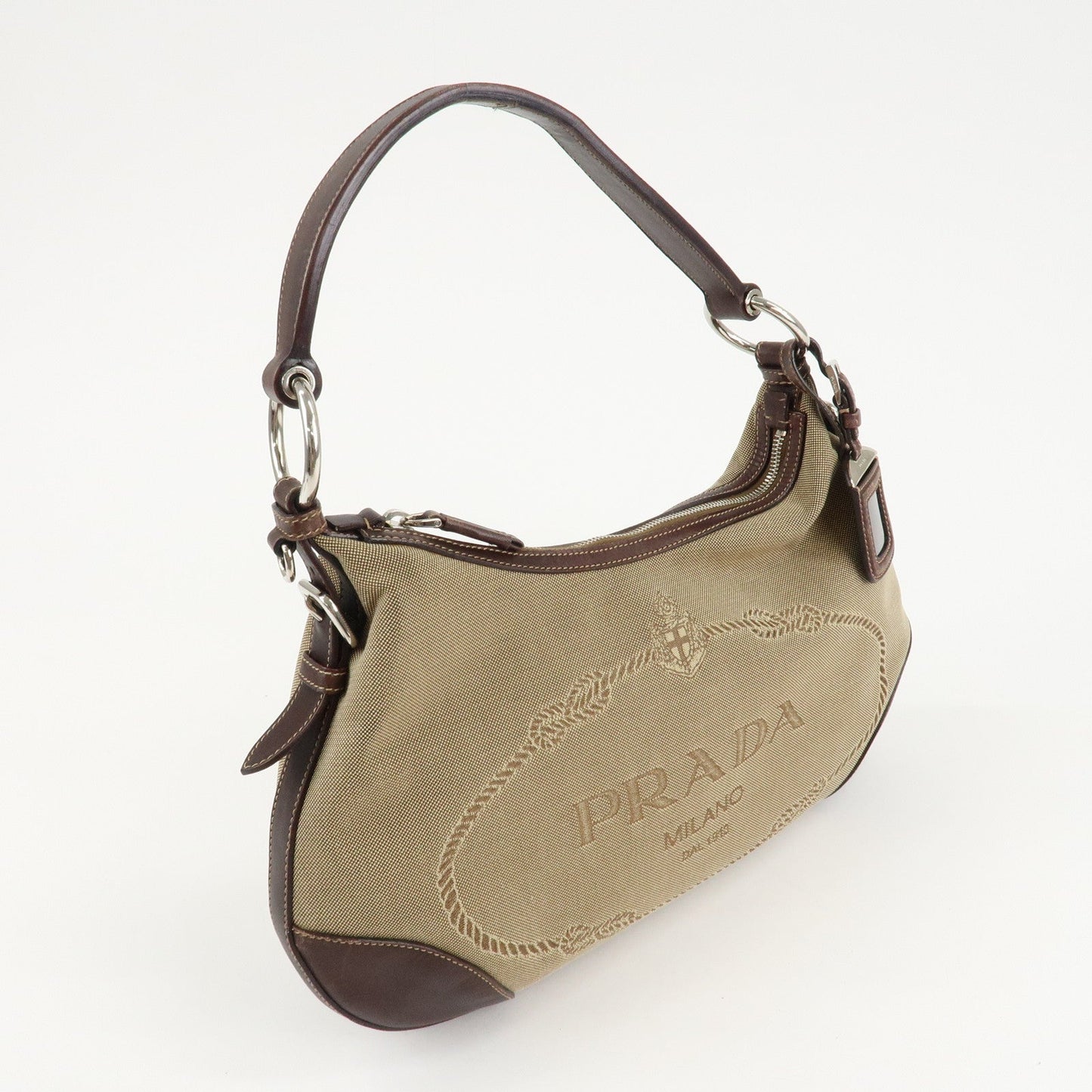 PRADA Logo Jacquard Leather Shoulder Bag Beige Brown  d