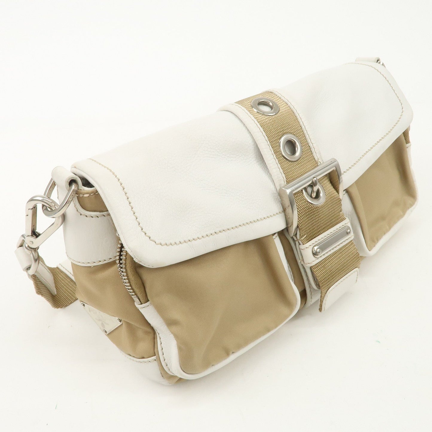 PRADA Nylon Leather Shoulder Bag Cross Body Bag White Beige BR2417  d