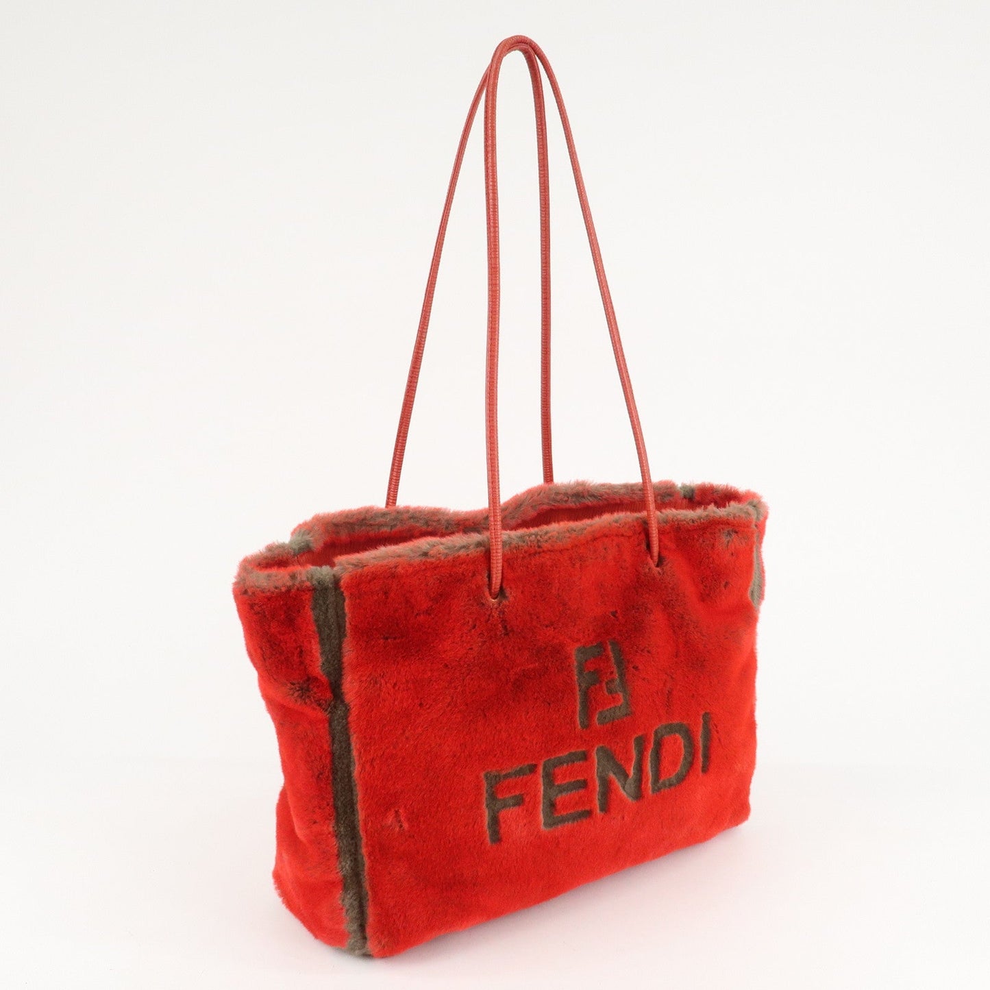 FENDI Leather Fake Fur Shoulder Bag Tote Bag Red  d