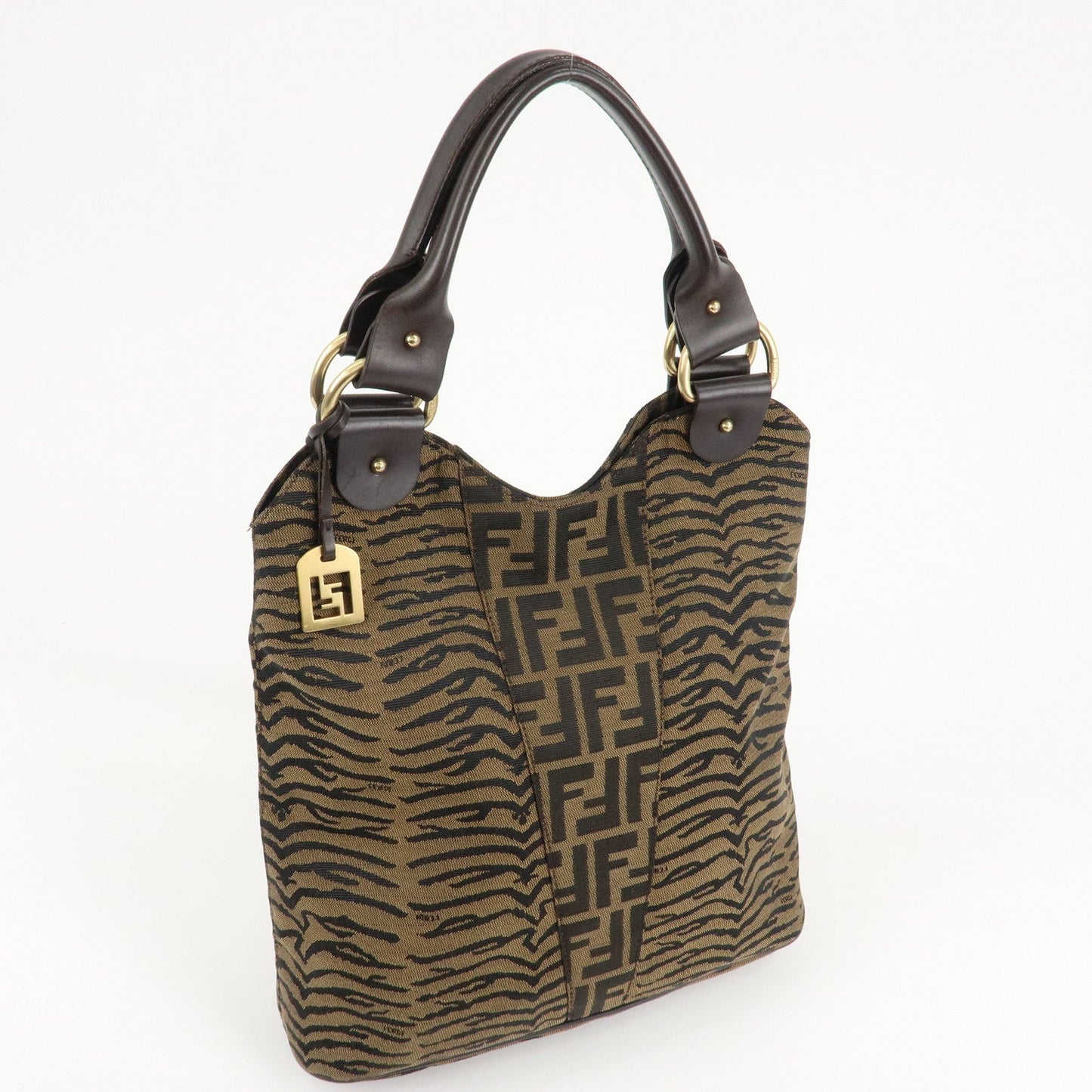 FENDI Zucca Canvas Leather Tote Bag Hand Bag 8BR284 Brown Black  d