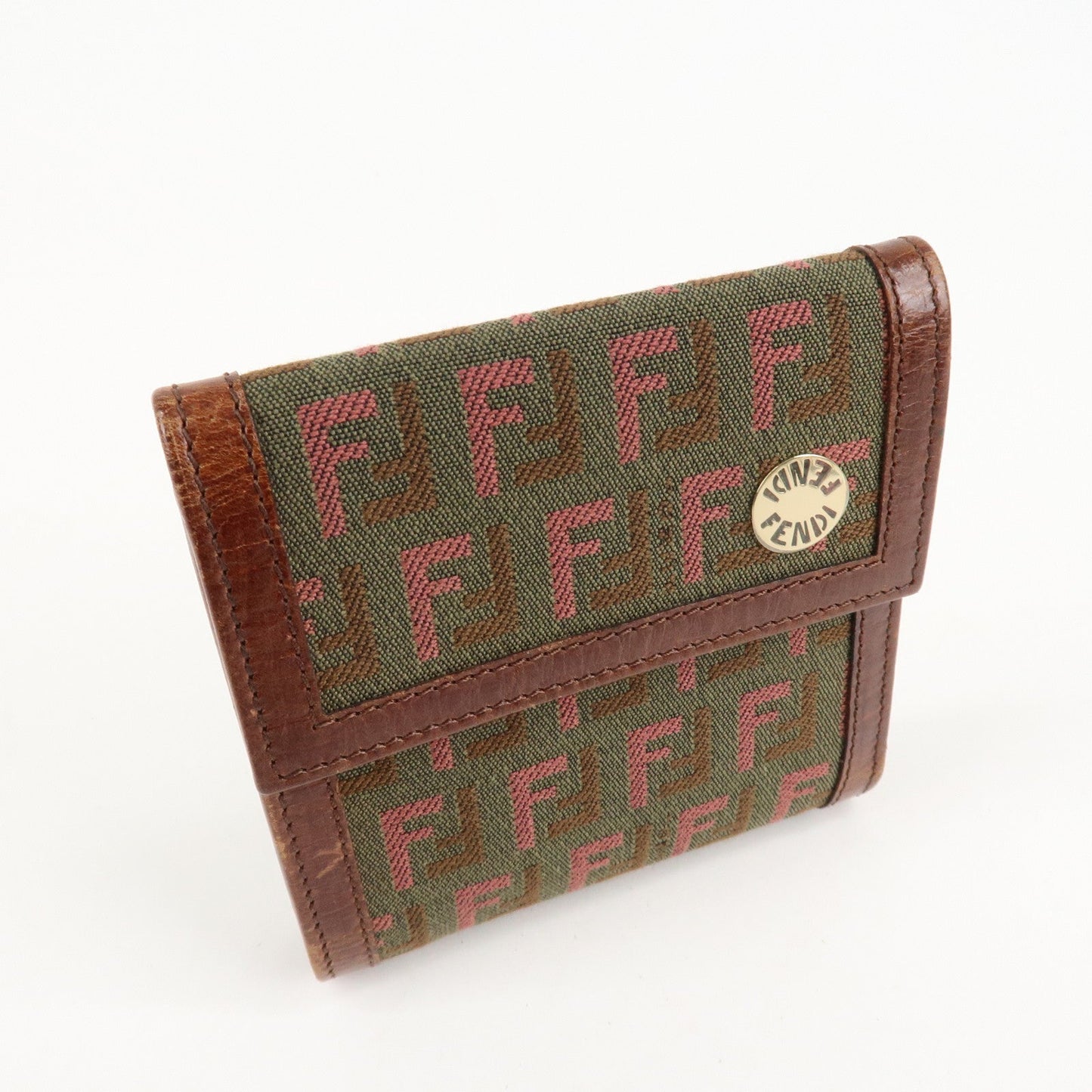 FENDI Zucchino Canvas Leather Tri-fold Wallet Khaki 8M0161  d