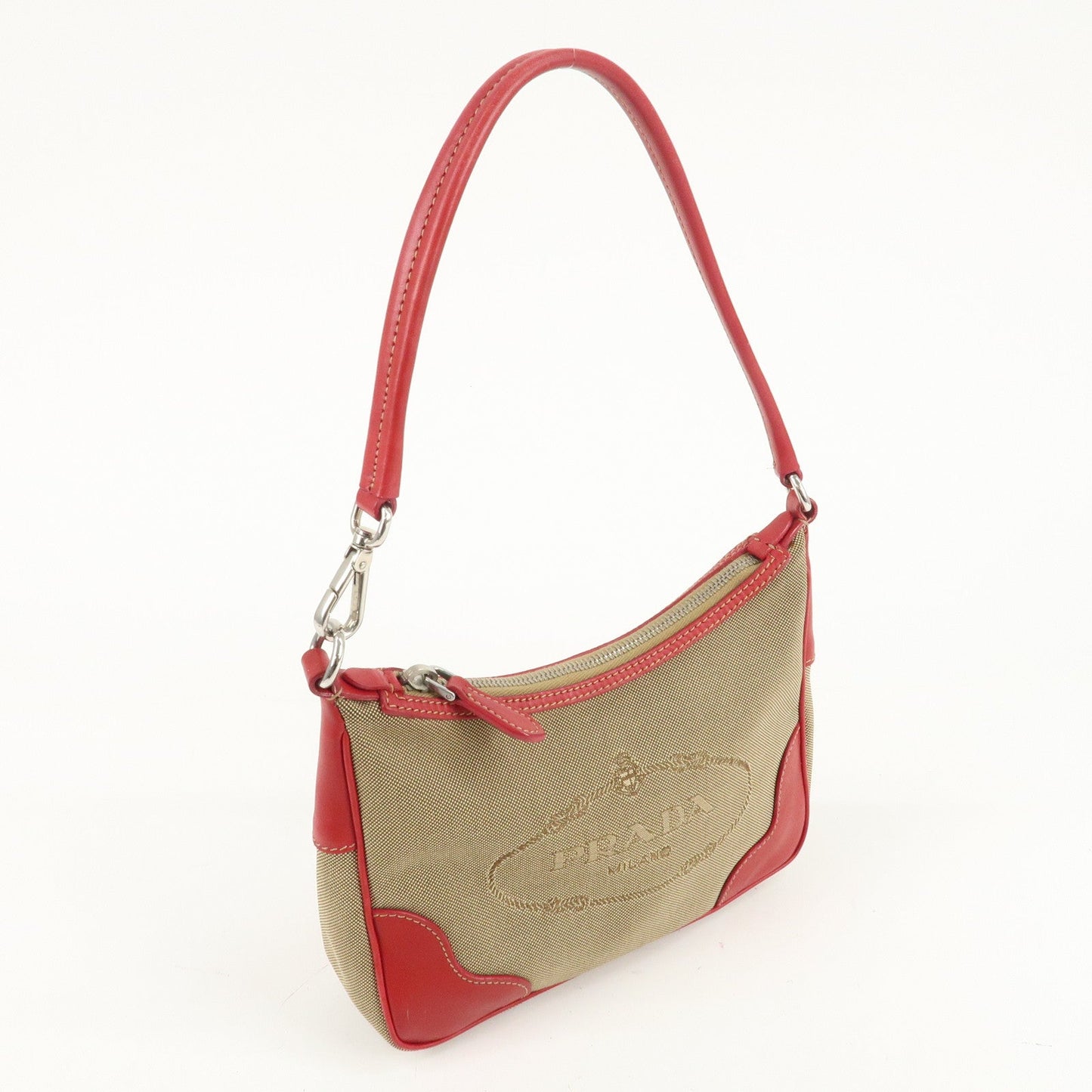 PRADA Logo Jacquard Leather Shoulder Bag Beige Red  d