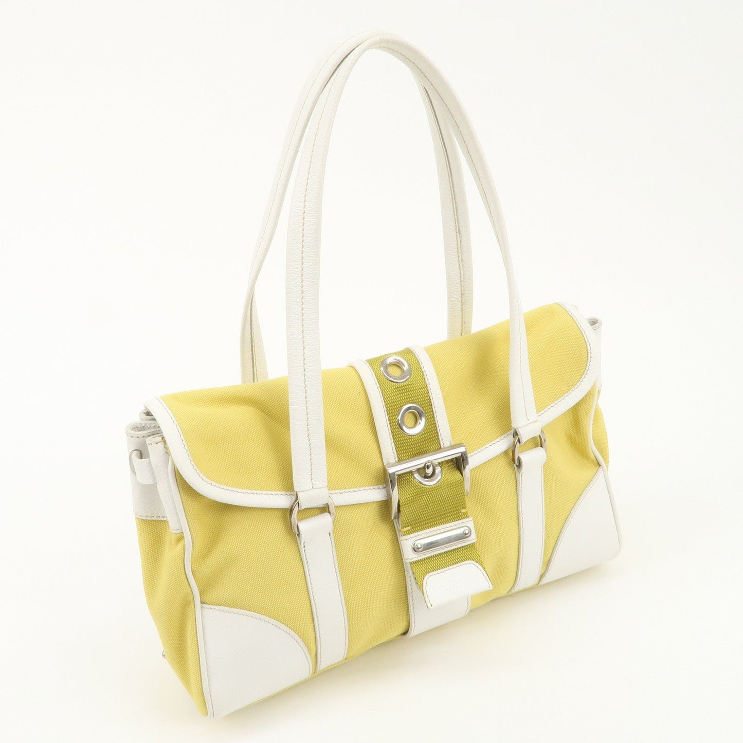 PRADA Triangle Logo Canvas Leather Shoulder Bag Yellow Silver HDW  d