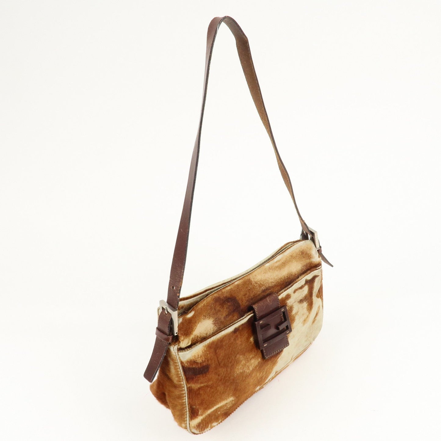 FENDI Unborn Calf Leather Shoulder Bag Brown Beige 26566  d