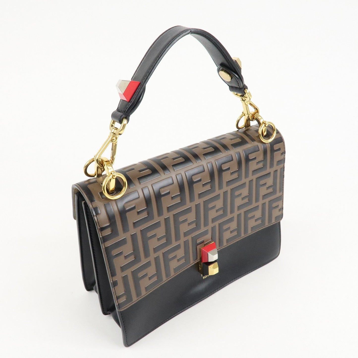 FENDI Zucca KAN I Leather 2Way Bag Hand Bag Brown Black 8BT283  d