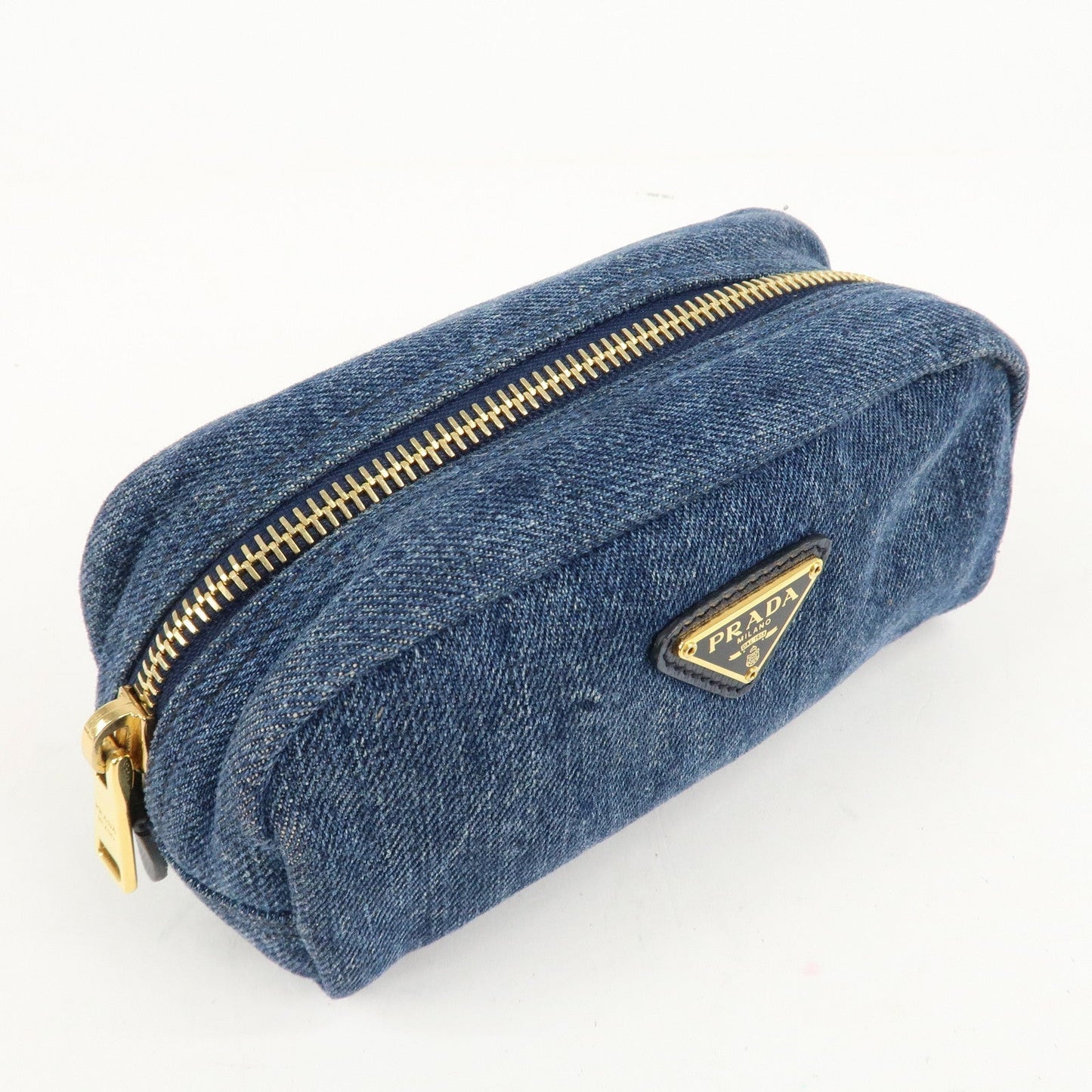PRADA Triangle Logo Denim Pouch Cosmetic Pouch Blue  d