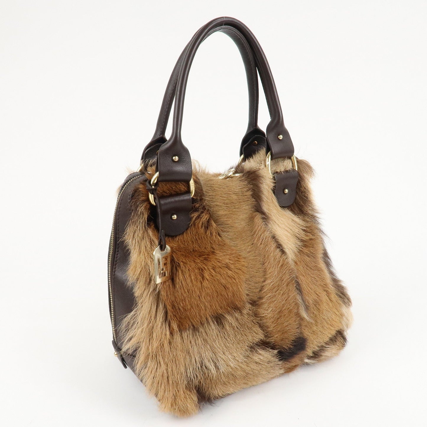 FENDI Fur Leather Tote Bag Hand Bag Shoulder Bag Brown 8BR286  d