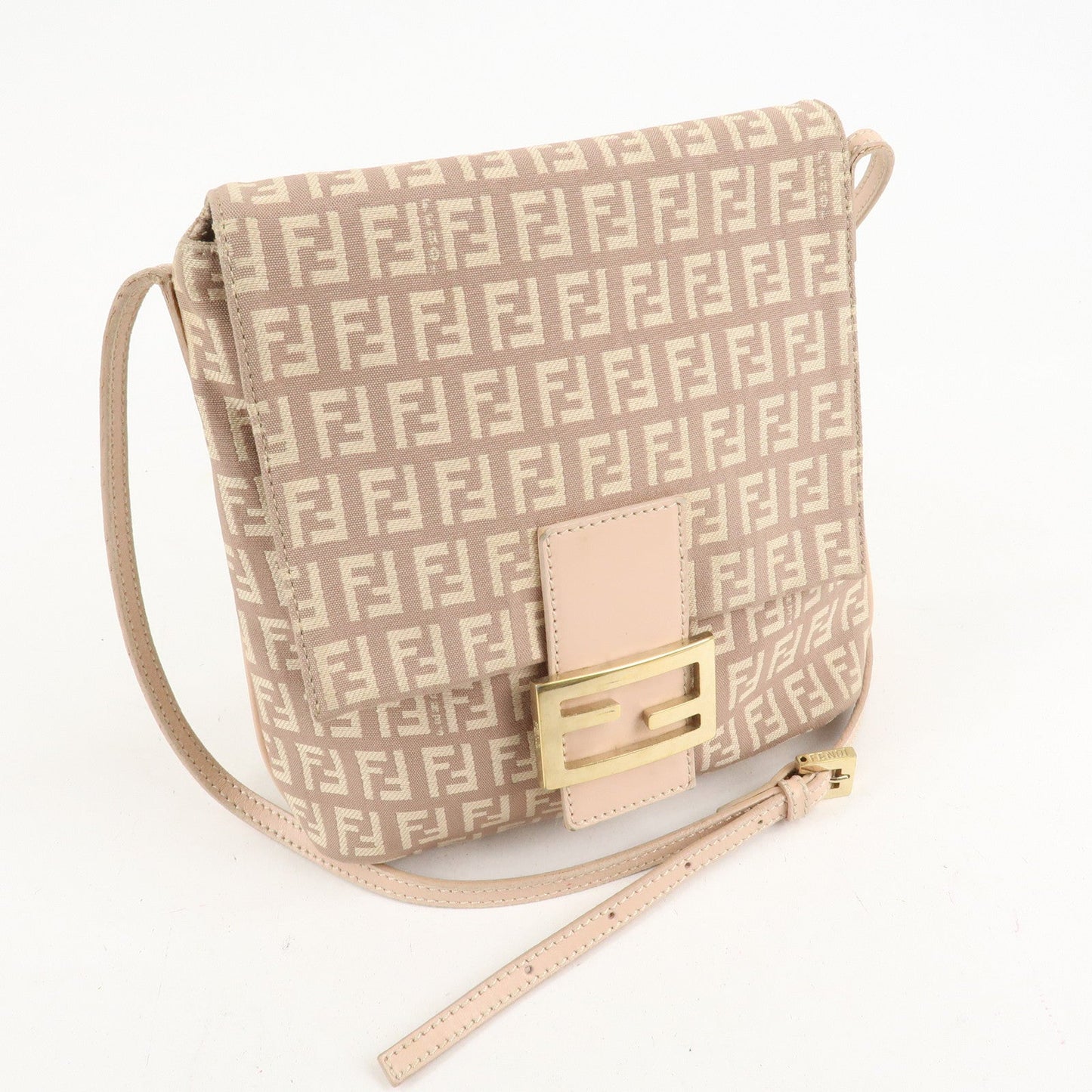 FENDI Zucchino Canvas Leather Shoulder Bag Pink Beige 8BT075  d