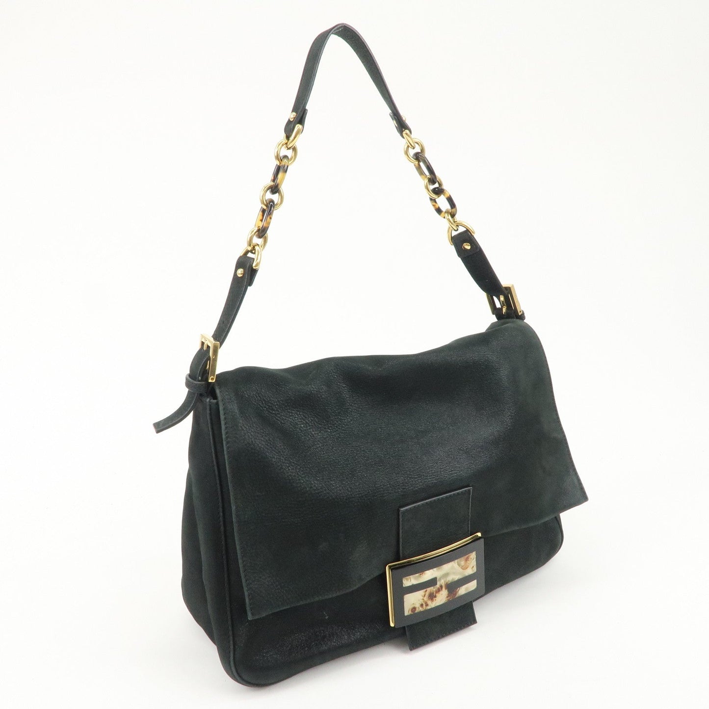 FENDI Mamma Baguette Leather Chain Shoulder Bag Gold Black 8BR638  d
