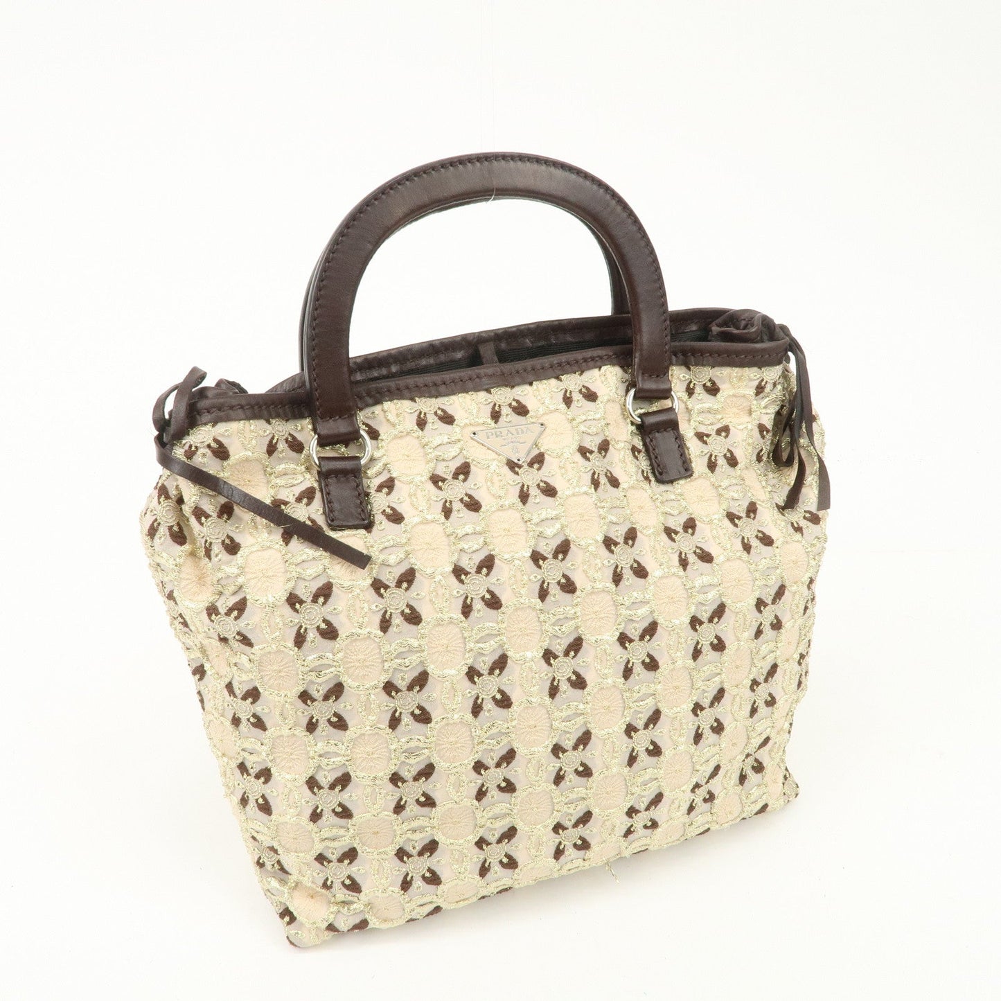 PRADA Tweed Flower Embroidery Tote Bag Beige Gold Dark Brown  d