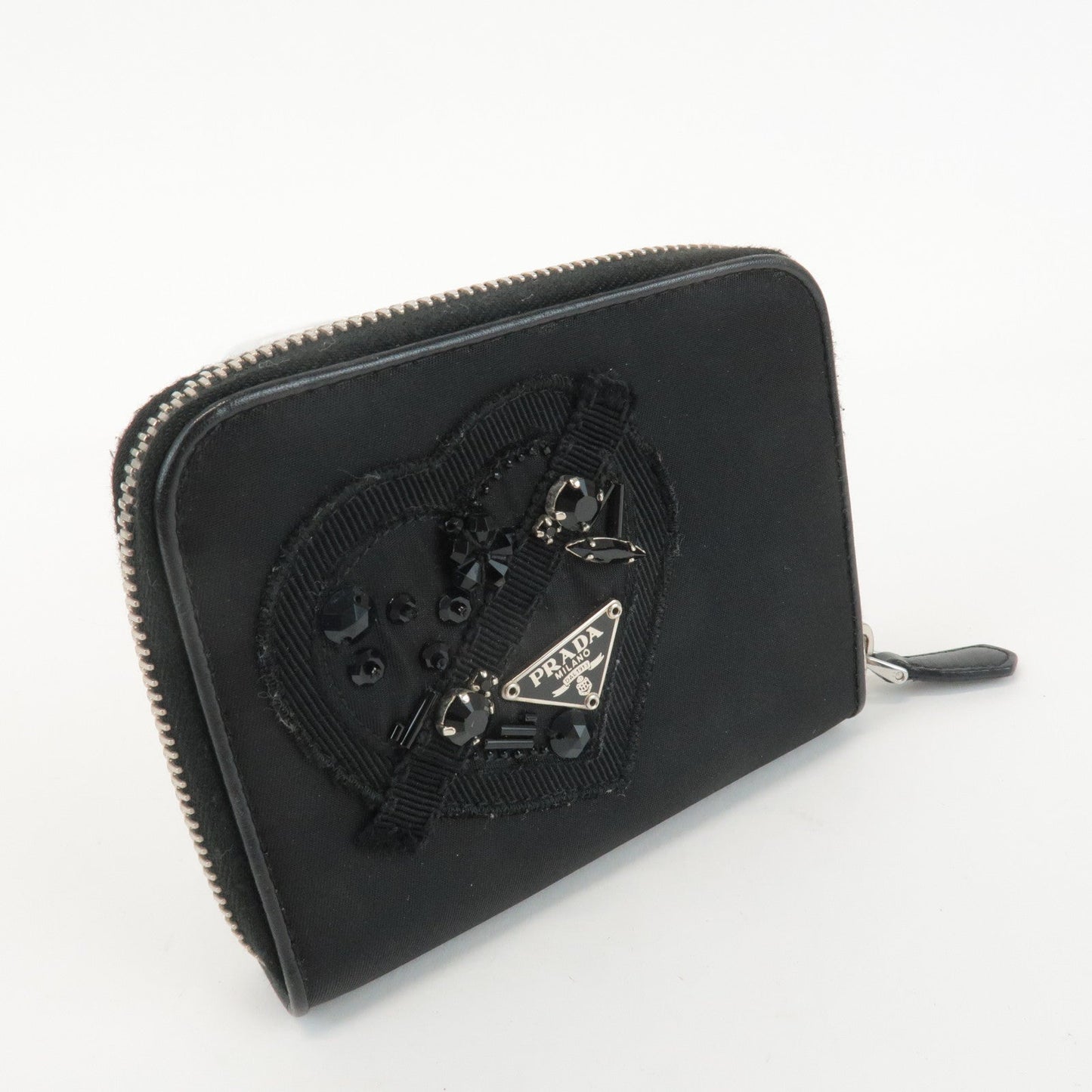 PRADA Logo Leather Round Zip Wallet Bijou Black  d