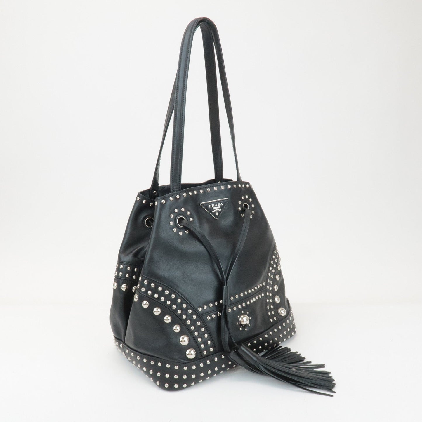 PRADA Calf Leather Drawstring Shoulder Bag Studs Tassel B5061M  d