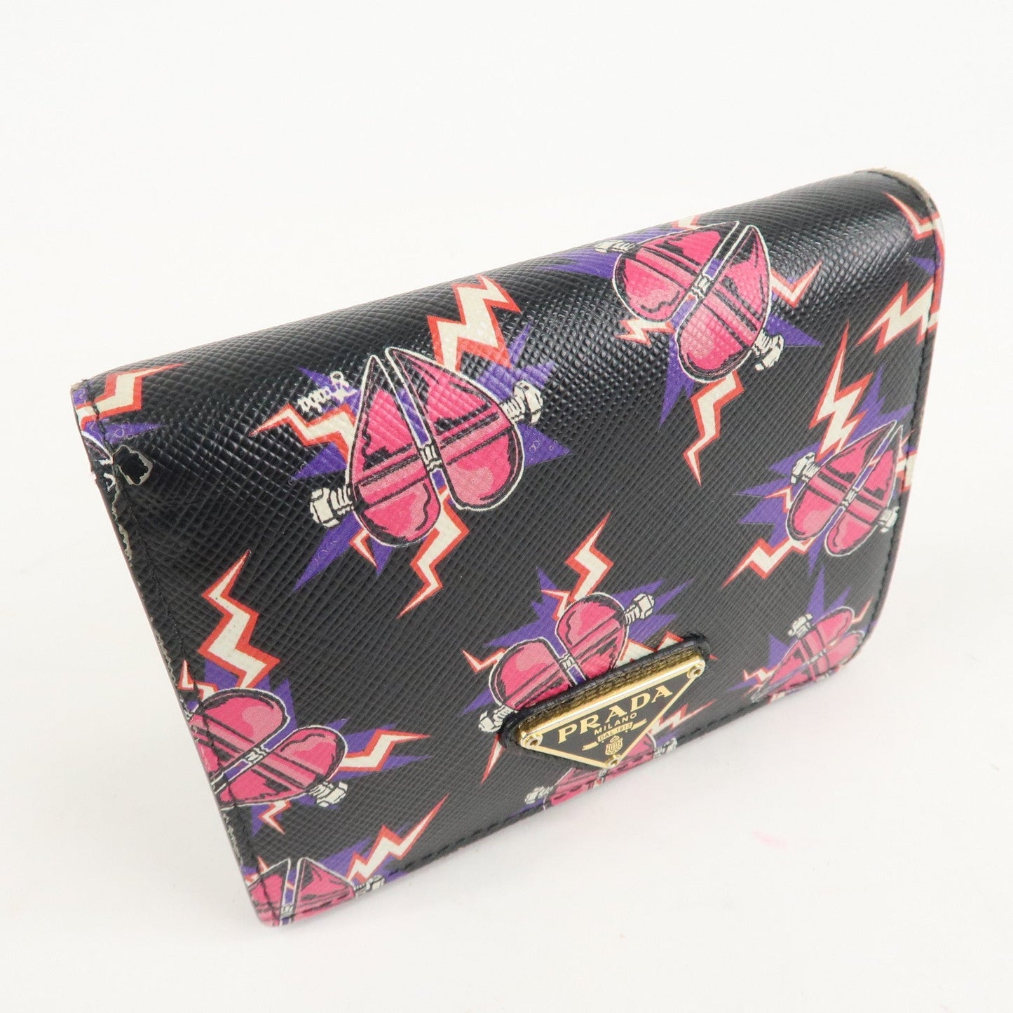 PRADA Logo Saffiano Leather Heart Print Bi-fold Wallet 1MV204  d