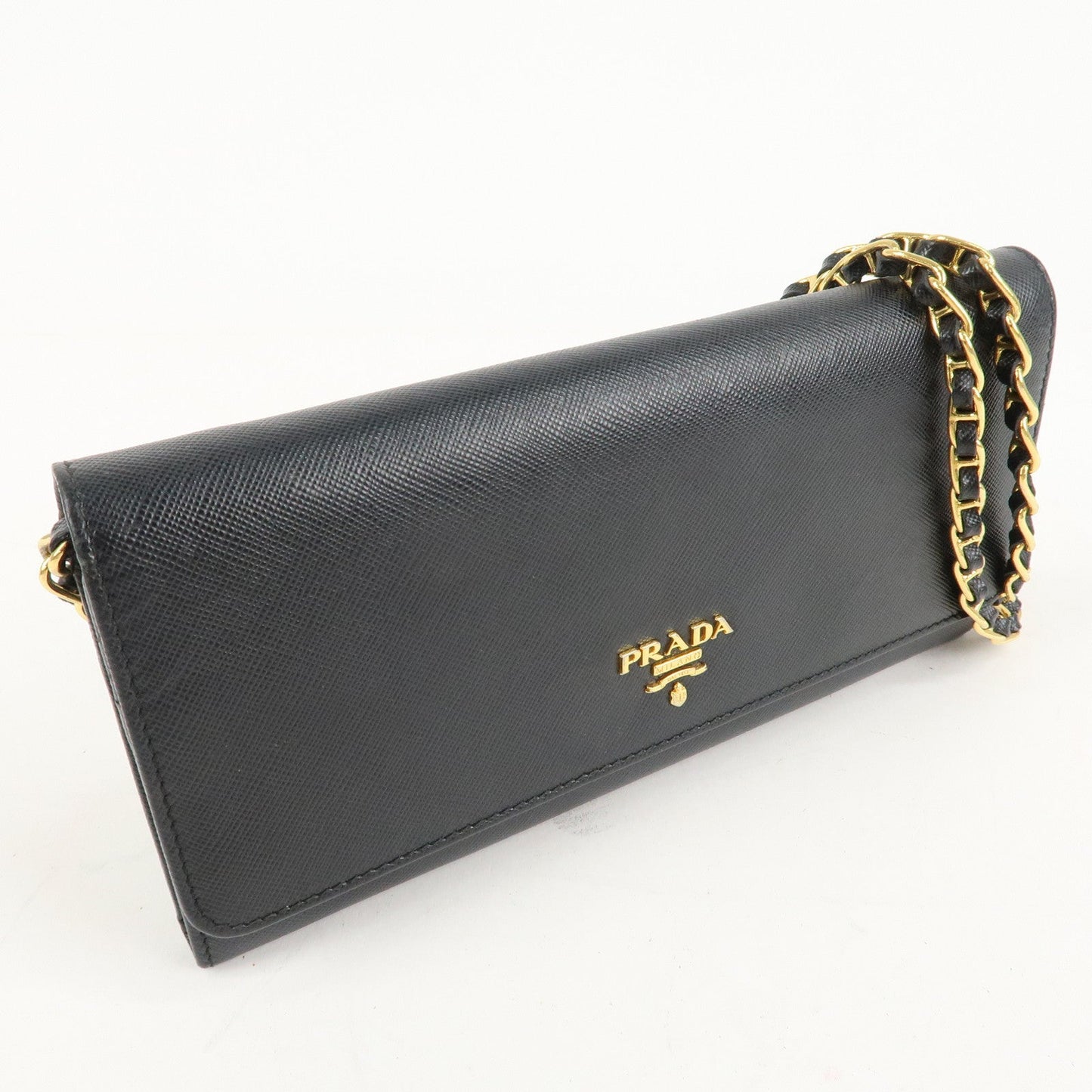 PRADA Saffiano Leather Chain Wallet Purse Black 1MT290  d