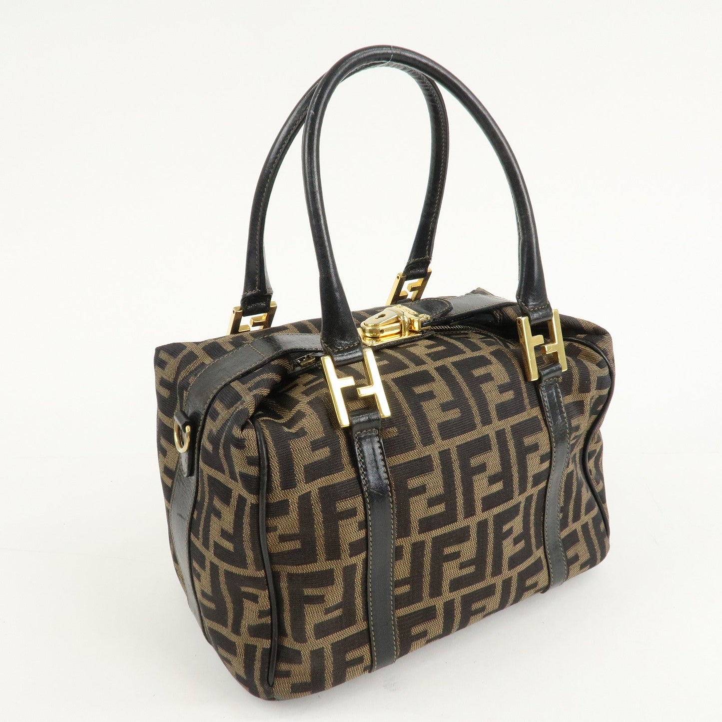FENDI Zucca Canvas Leather Boston Bag Hand Bag Brown Black  d