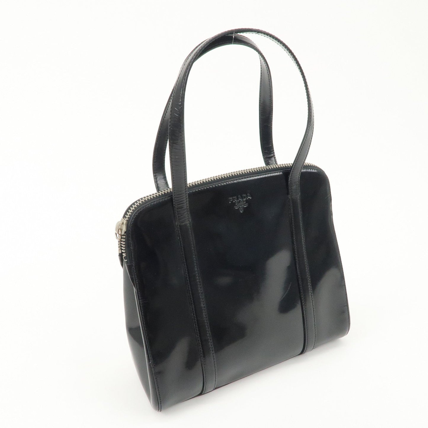 PRADA Patent Leather Tote Bag Hand Bag Black Silver HDW  d
