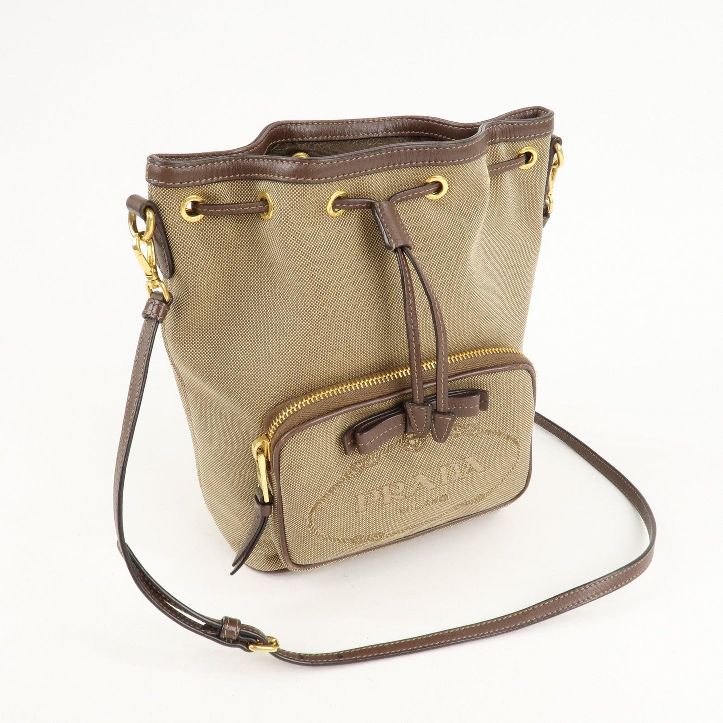 PRADA Logo Jacquard Leather Drawstring Shoulder Bag Beige 1BH038  d