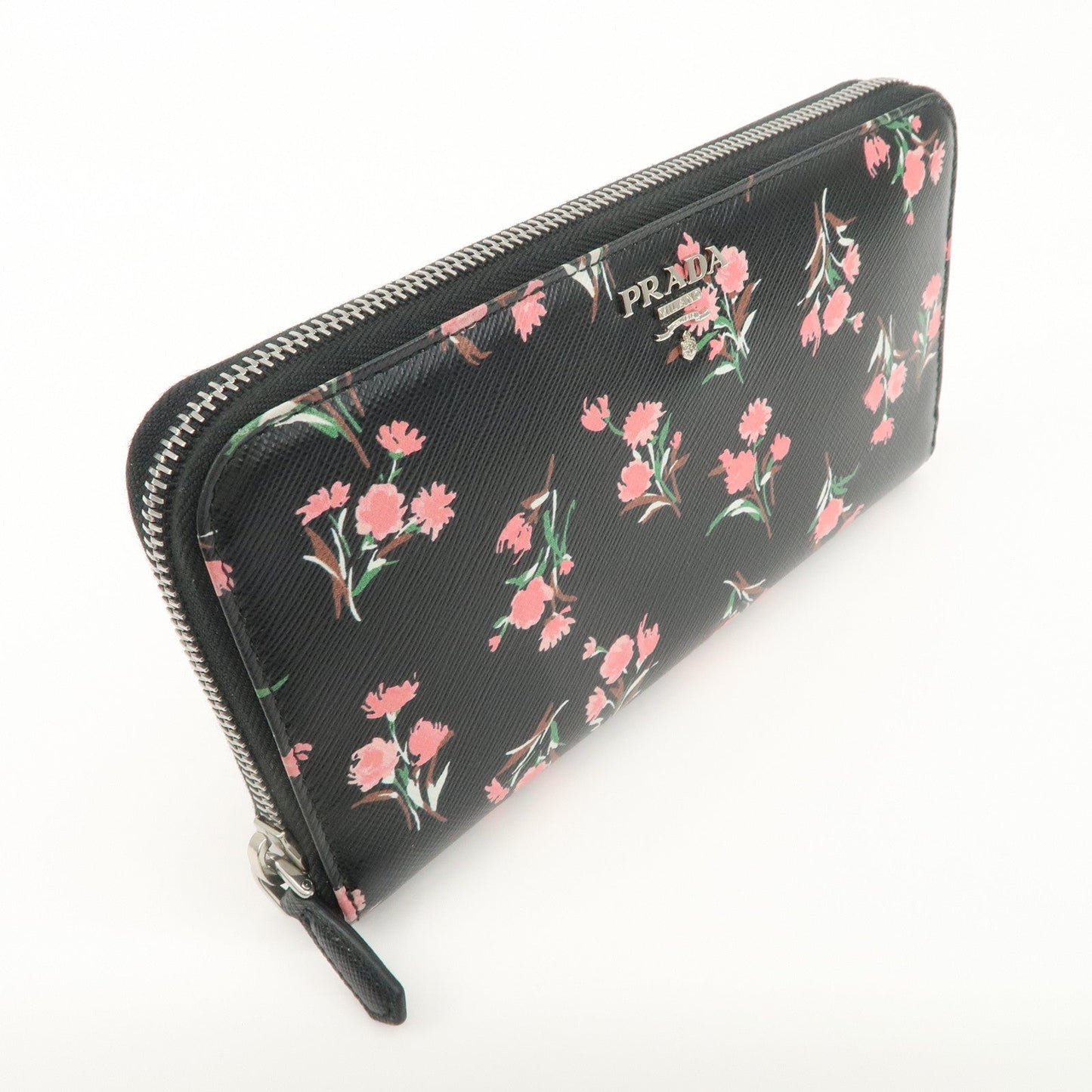 PRADA Logo Leather Round Zipper Long Wallet Flower 1ML506  d