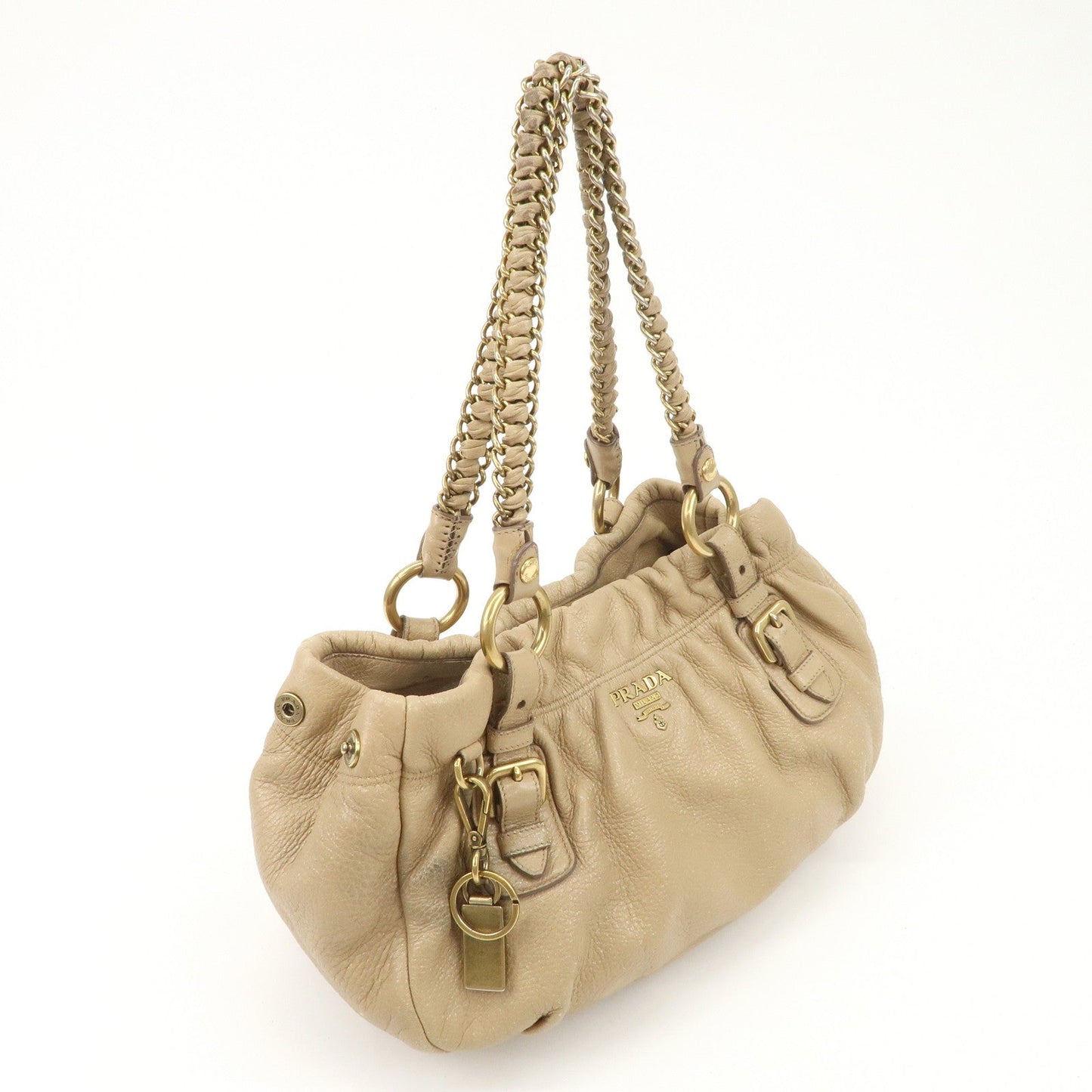 PRADA Leather Chain Shoulder Bag Beige  d