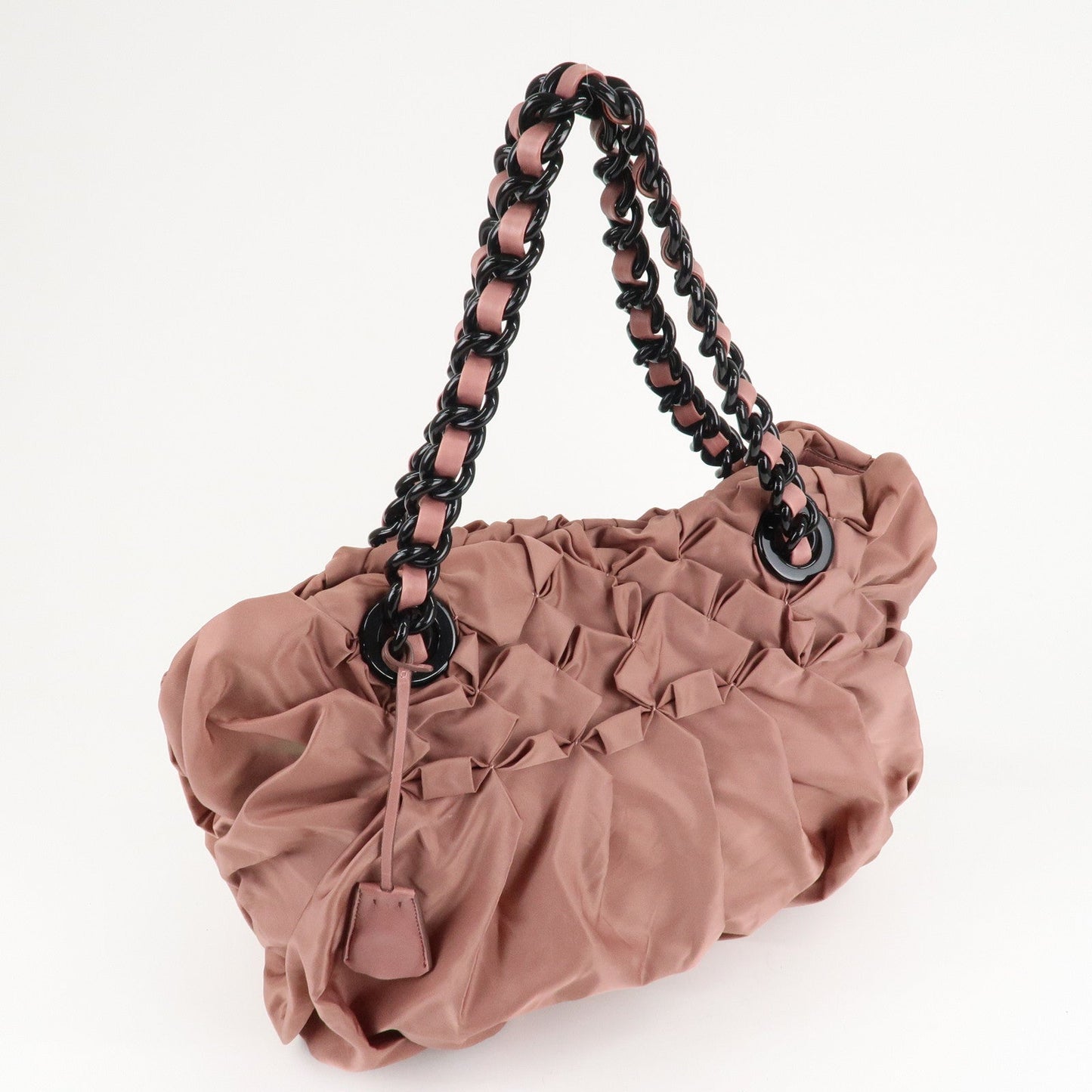Prada Nylon Leather Gathered Chain Shoulder Tote Bag Pink Black  d