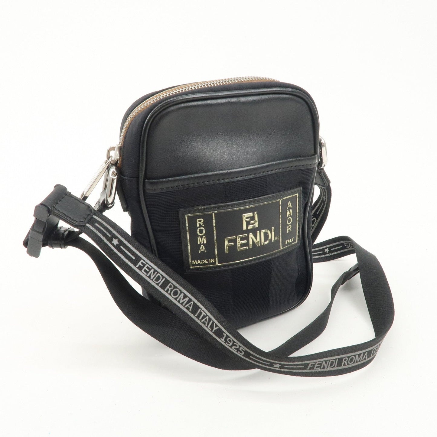 FENDI Pequin Nylon Leather Shoulder Bag Black 7VA456  d