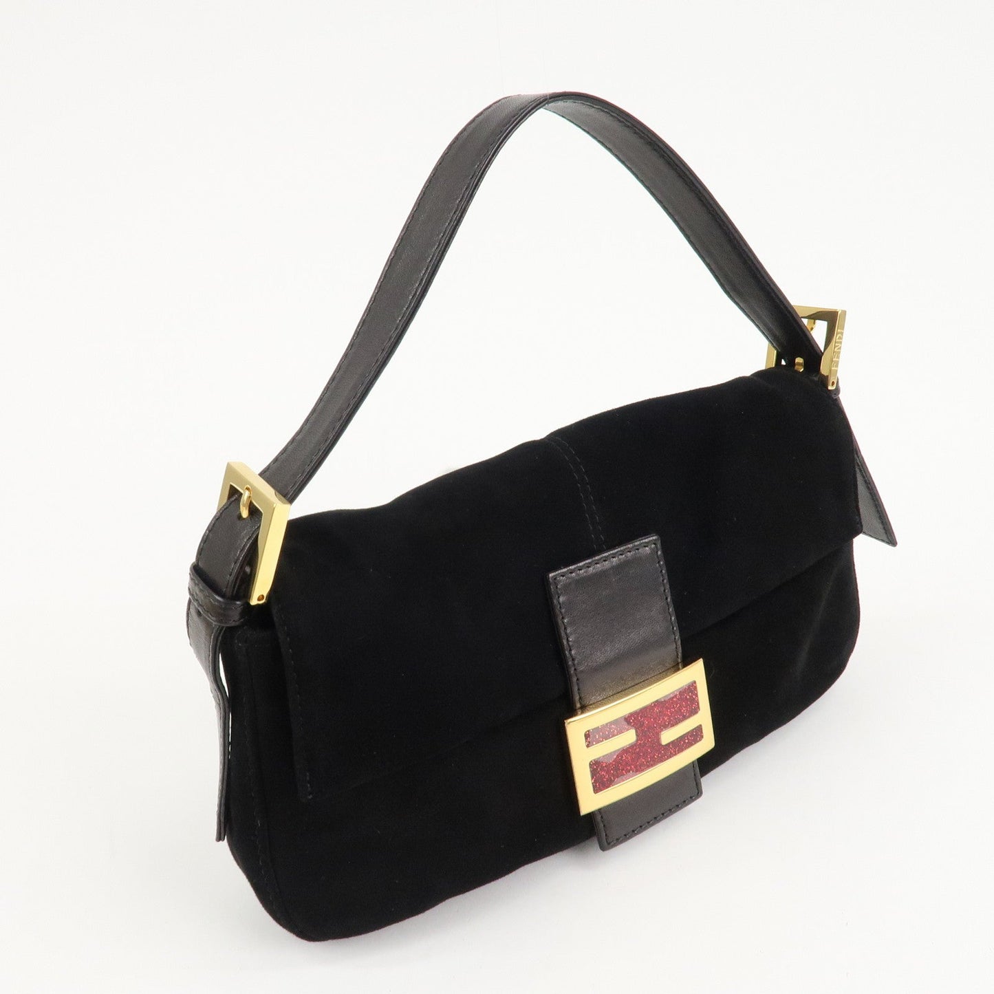 FENDI Mamma Baguette Suede Leather Shoulder Bag Black 26424  d