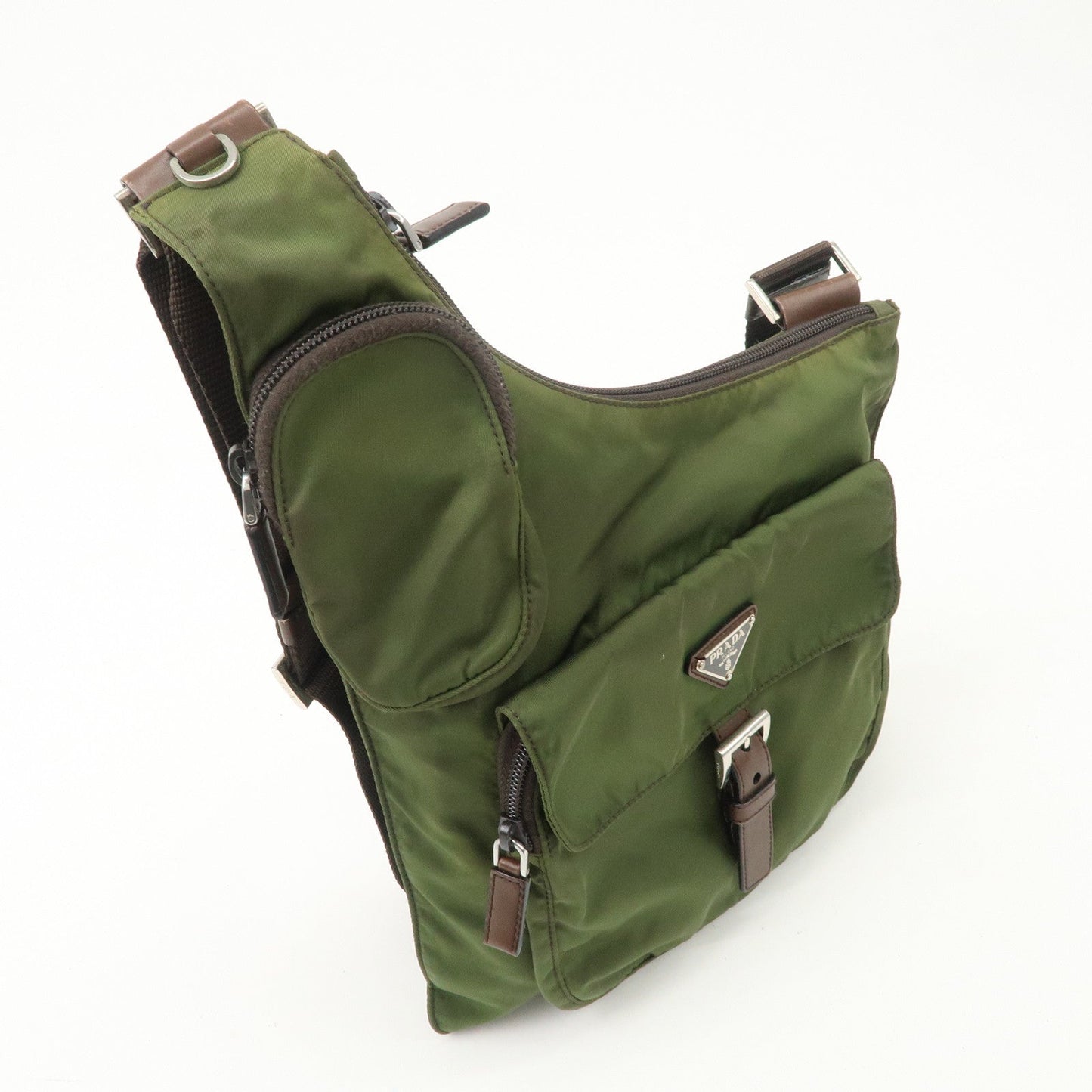 PRADA Triangle Logo Nylon Leather Shoulder Bag Crossbody Bag Khaki  d