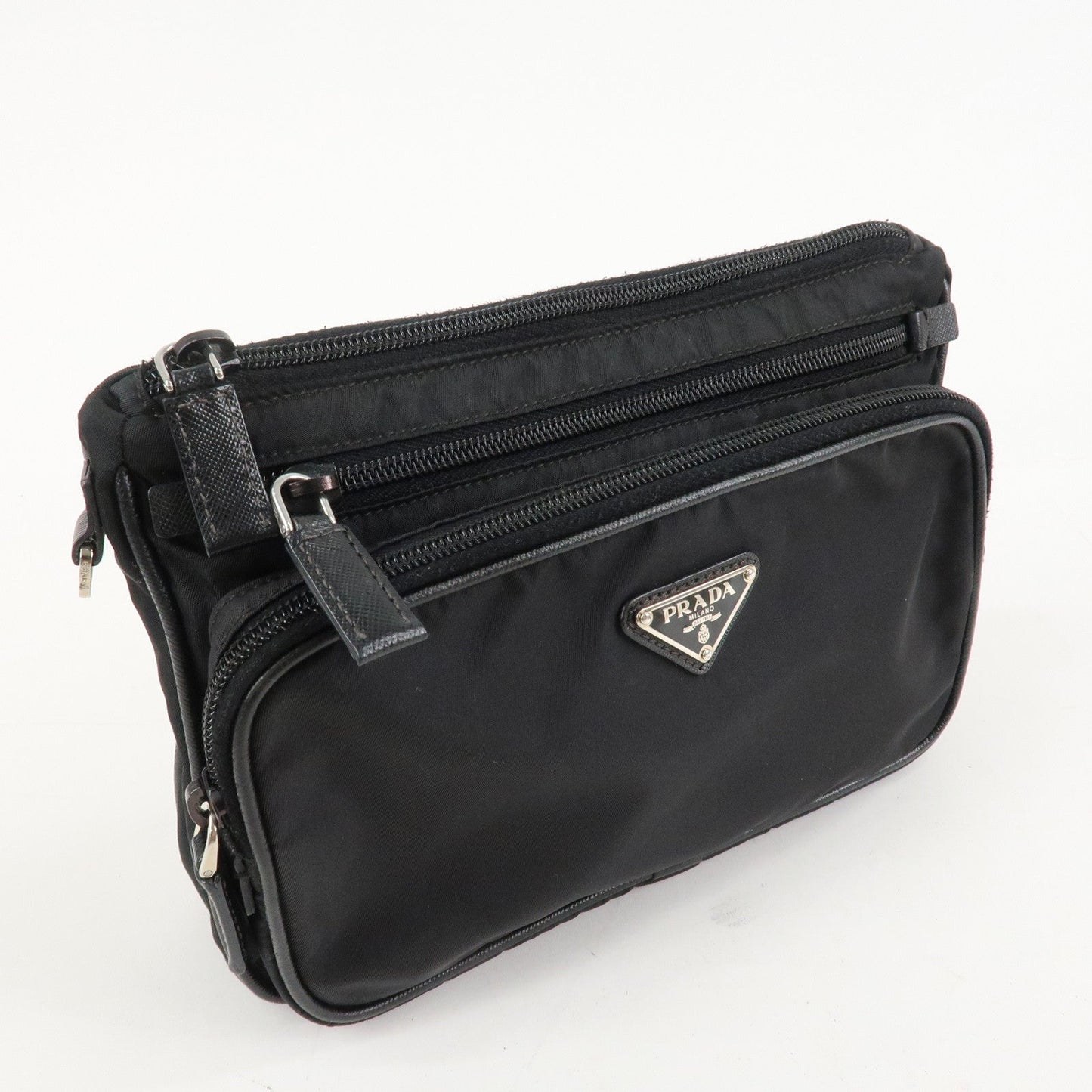 PRADA Logo Nylon Leather Clutch Bag Travel Pouch Black  d