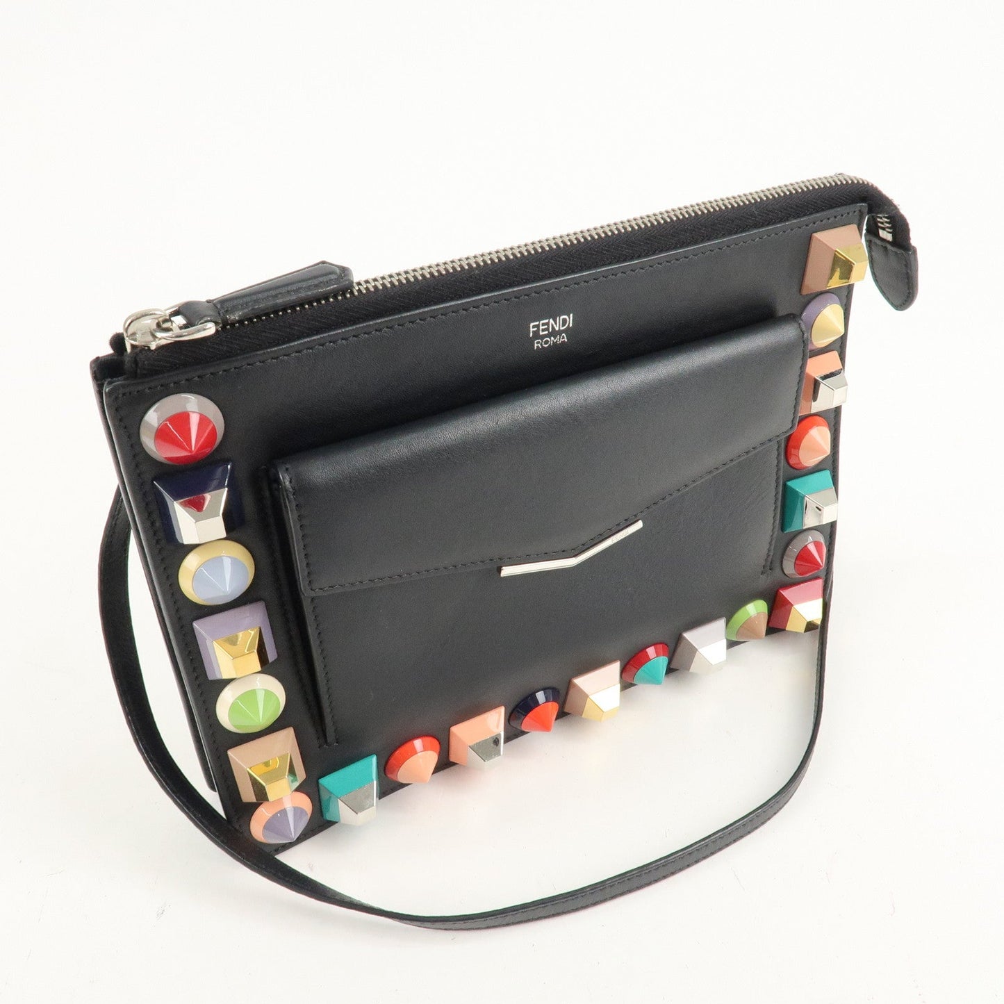 FENDI Leather Toujours Multi-Studs Shoulder Bag Black 8M0369  d