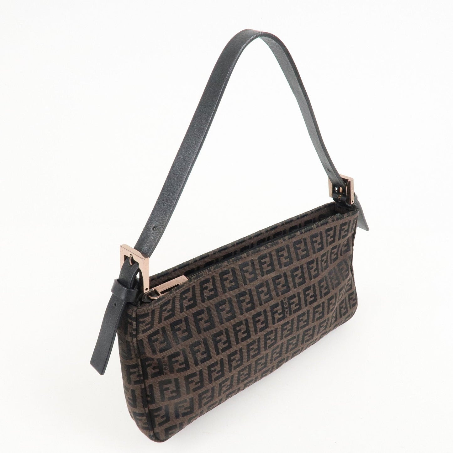 FENDI Zucchino Canvas Leather Shoulder Bag Dark Brown Black 8BR042  d
