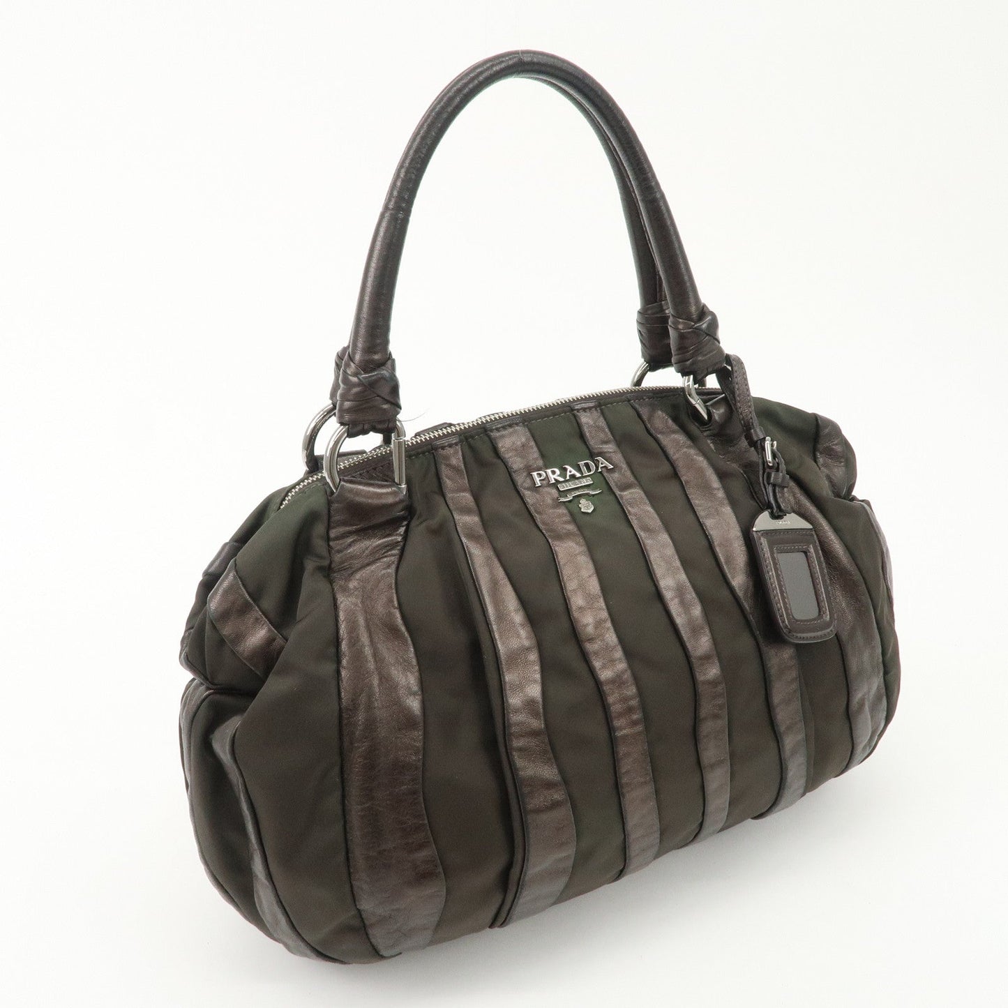 PRADA Logo Nylon Leather Stripe Tote Bag Hand Bag Brown BL0538  d