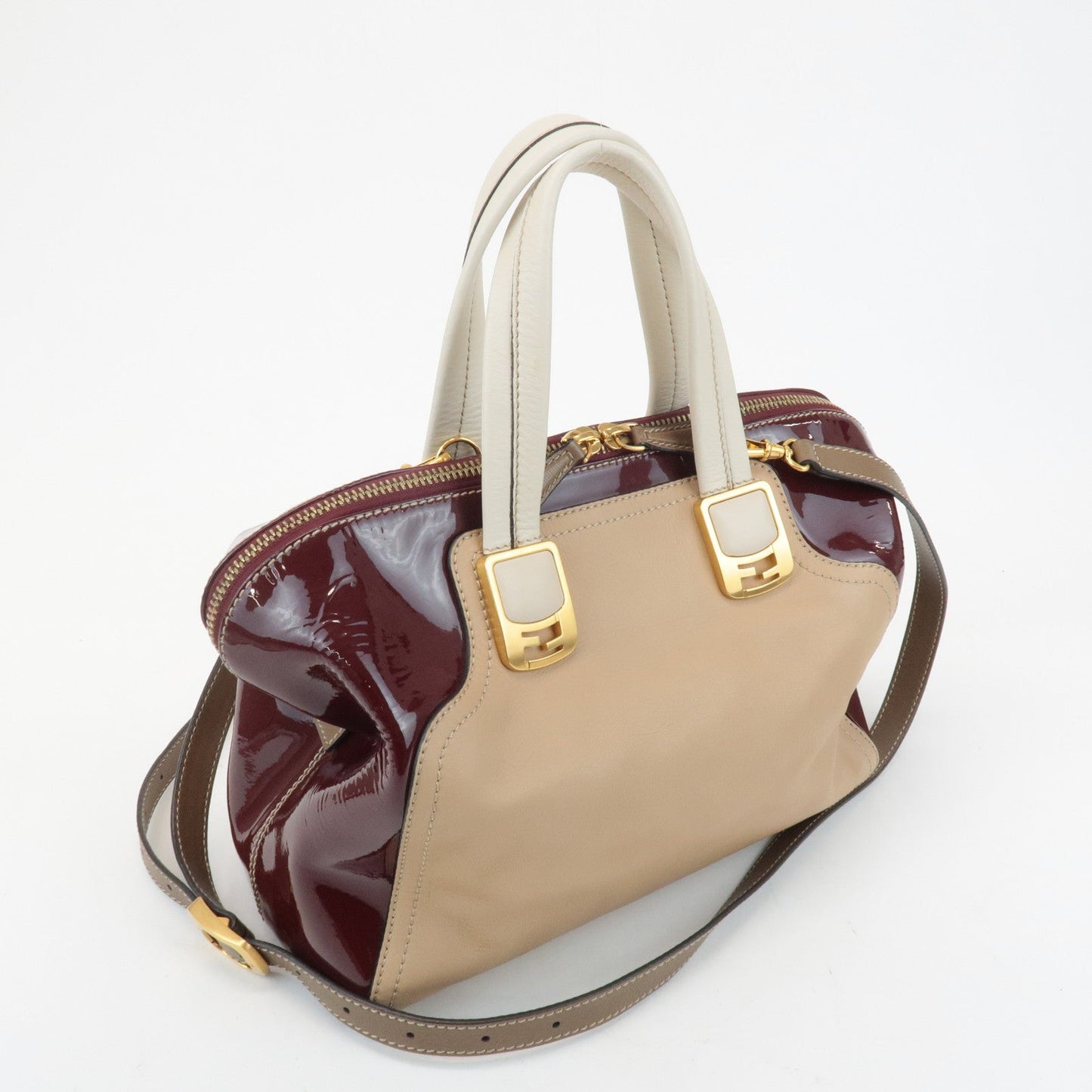 FENDI Chameleon Leather 2WAY Bag Hand Bag Beige Bordeaux 8BL114  d