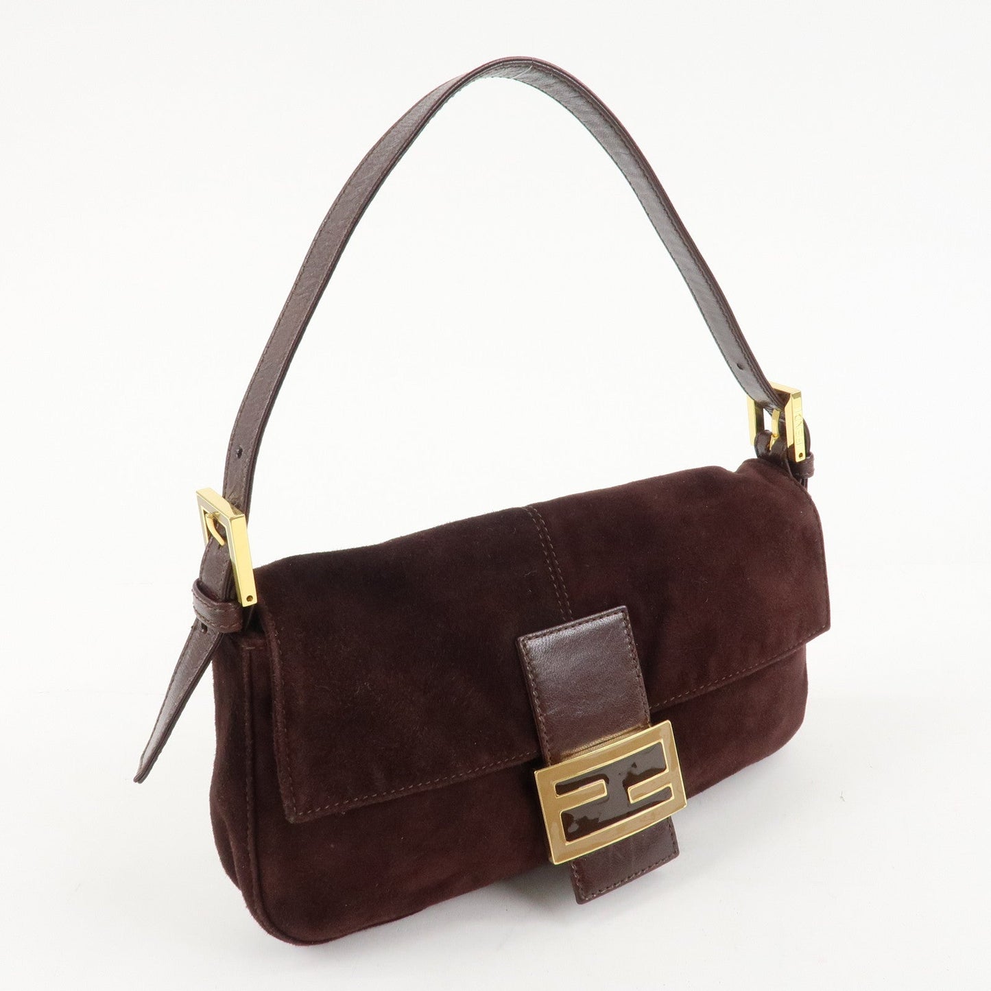 FENDI Suede Leather Shoulder Bag Dark Brown 26424  d