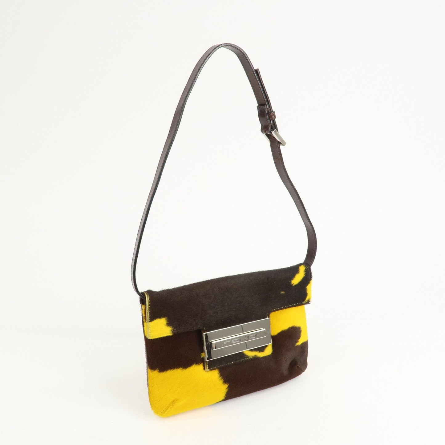 FENDI COW Unborn Calf Leather Shoulder Bag Yellow Brown  d