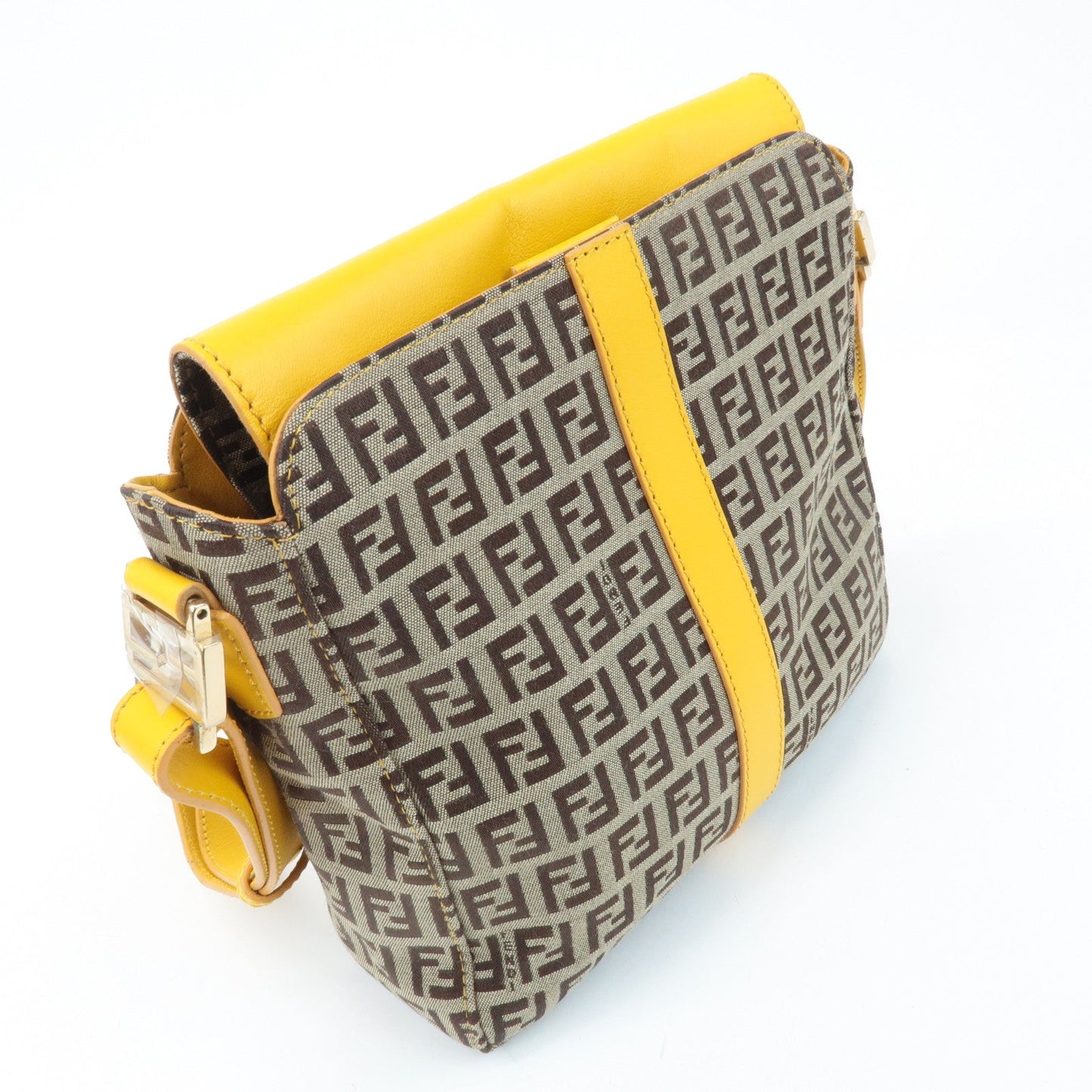 FENDI Zucchino Canvas Leather Shoulder Bag BrownYellow 8BT175  d