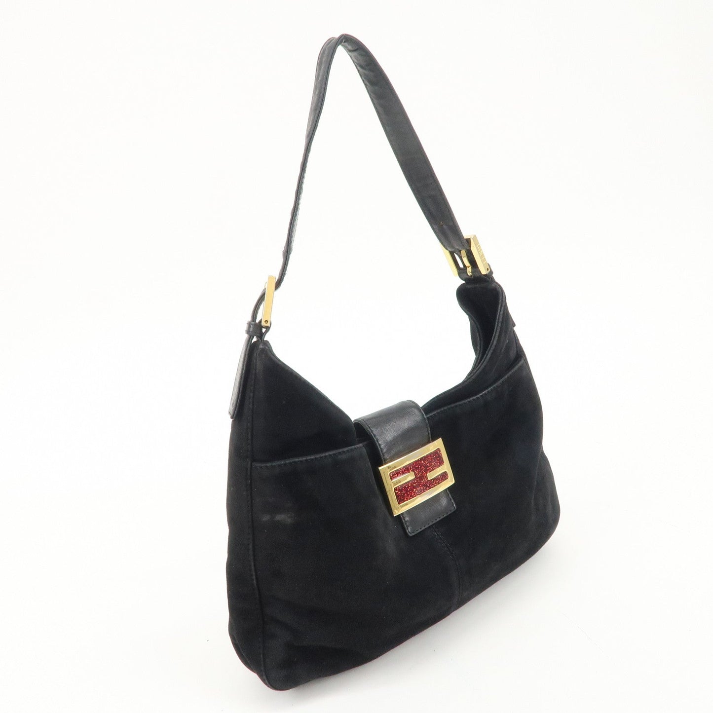 FENDI Suede Leather Shoulder Bag Black 26569  d