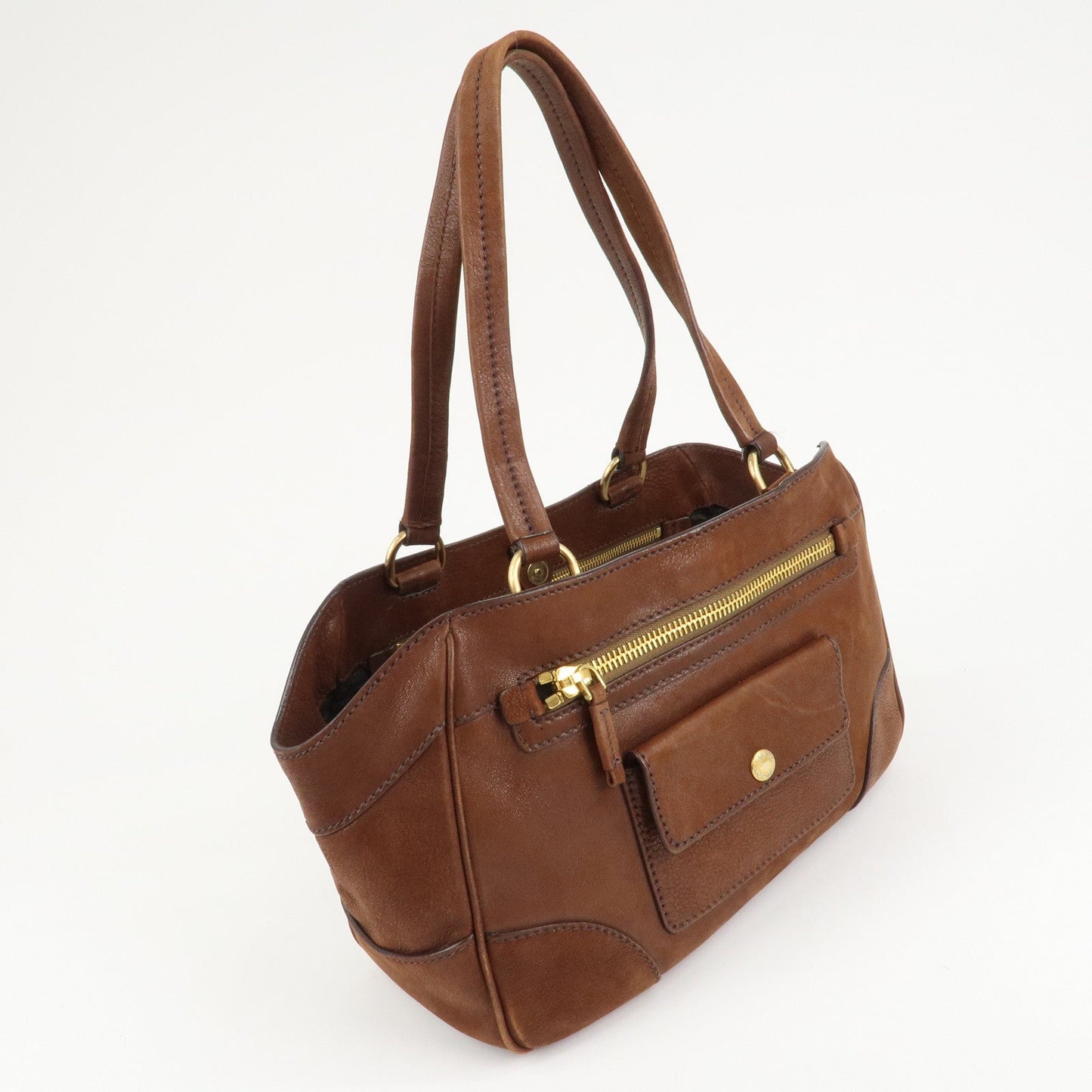 PRADA Triangle Logo Leather Tote Bag Brown Gold Hardware  d