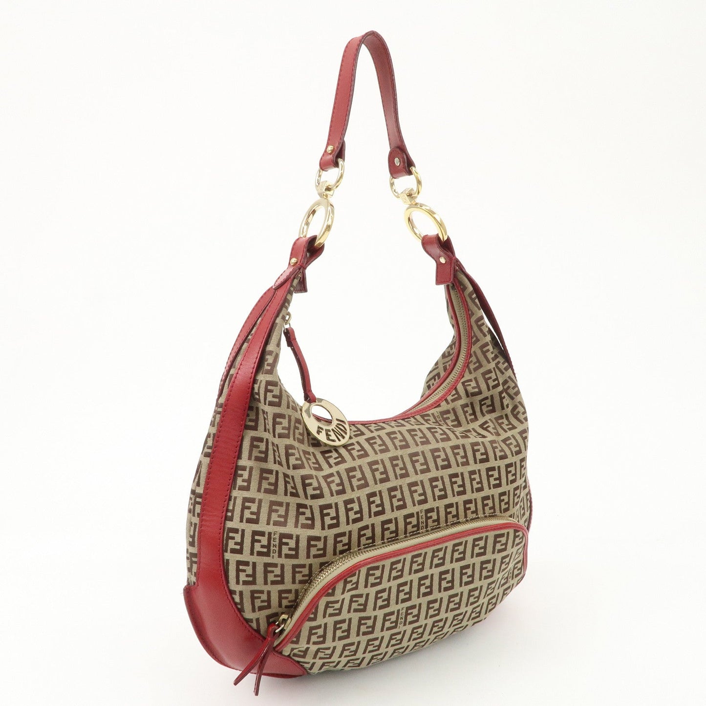 FENDI Zucchino Canvas Leather Shoulder Bag Khaki Brown Red 8BR465  d
