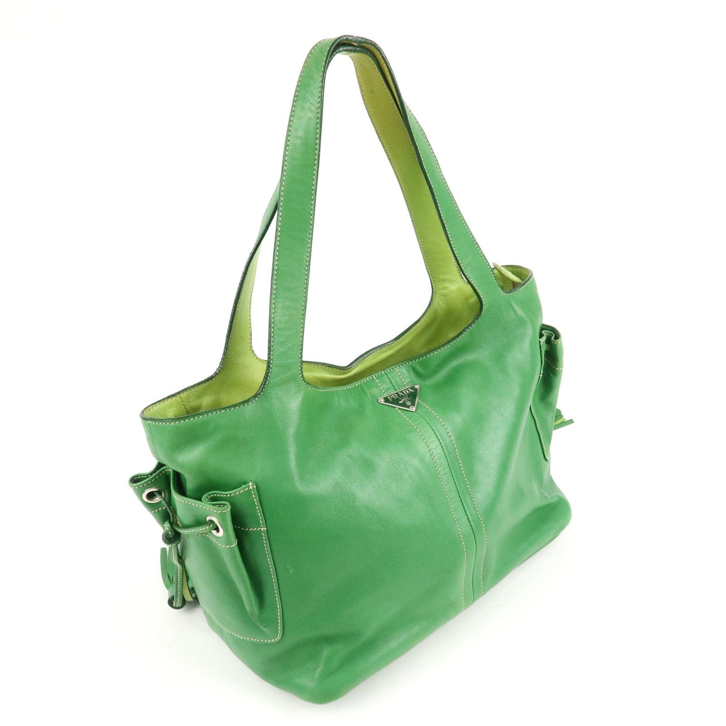 PRADA Logo Leather Tassel Shoulder Bag Hand Bag Green  d