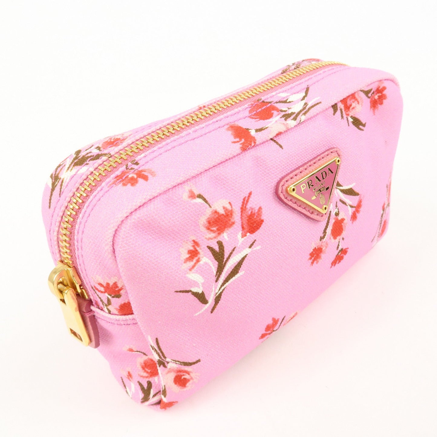 PRADA Canapa Canvas Leather Cosmetic Pouch Flower 1NA021 Pink  d