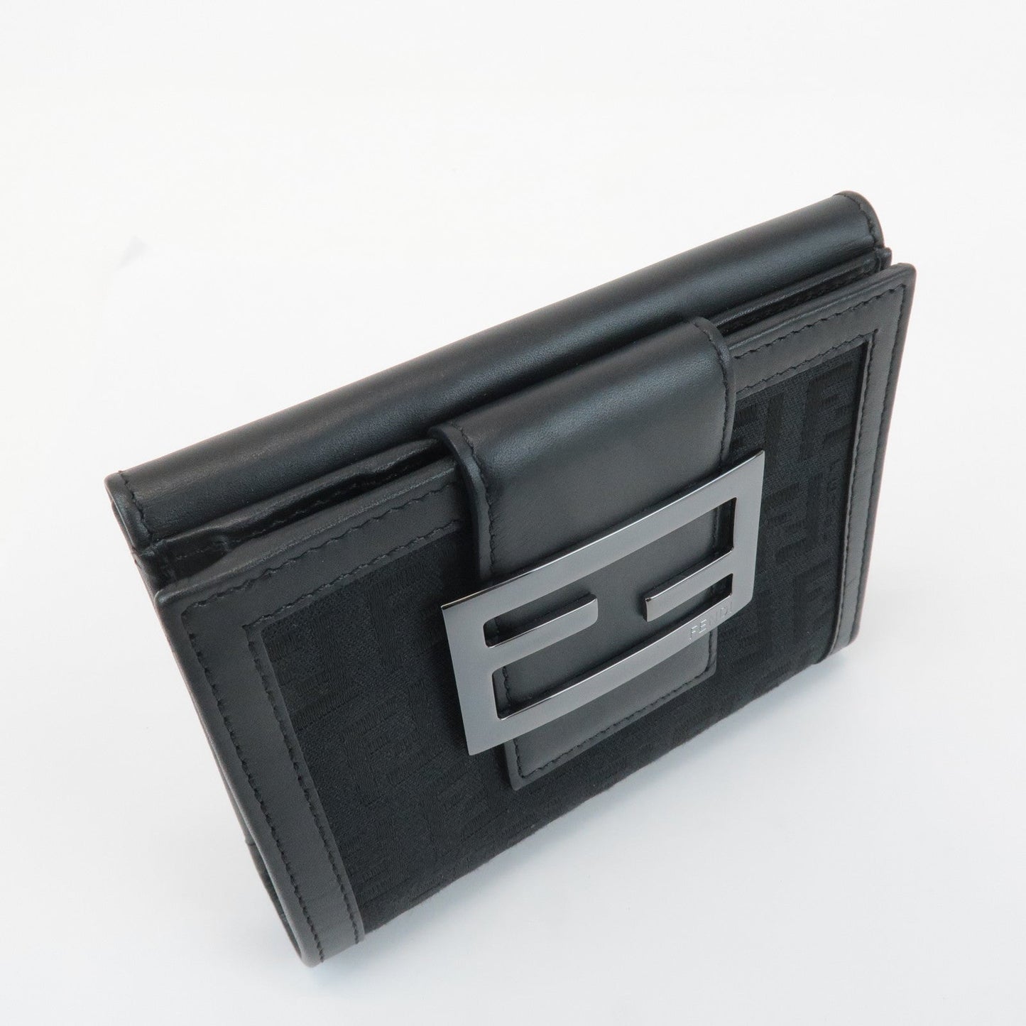 FENDI Zucchino Canvas Leather Double Hook Wallet Black 8M0035  d