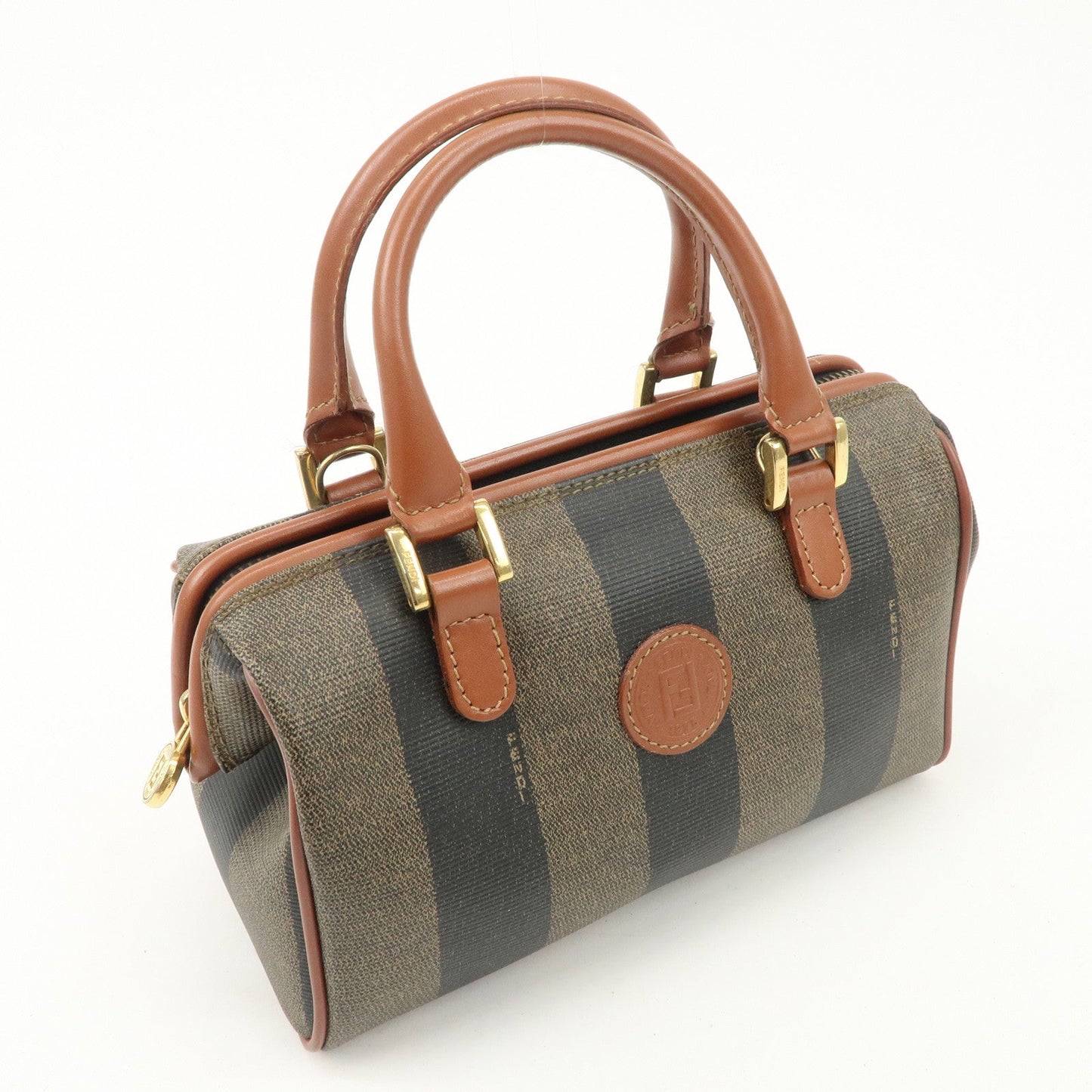 FENDI Pequin PVC Leather 2Way Mini Boston Bag Brown Black  d
