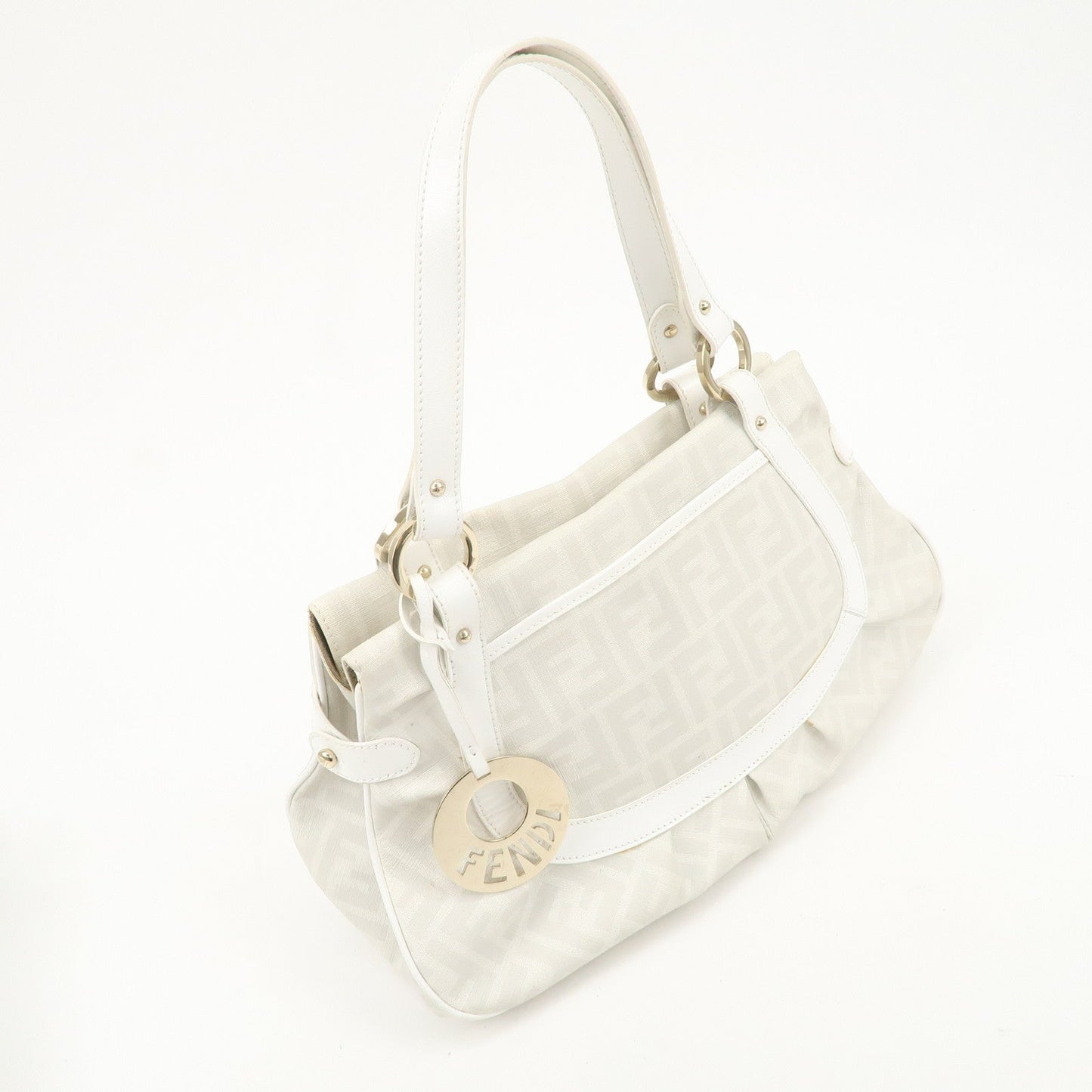 FENDI Zucca PVC Leather Shoulder Bag White Gold Hardware 8BR628  d