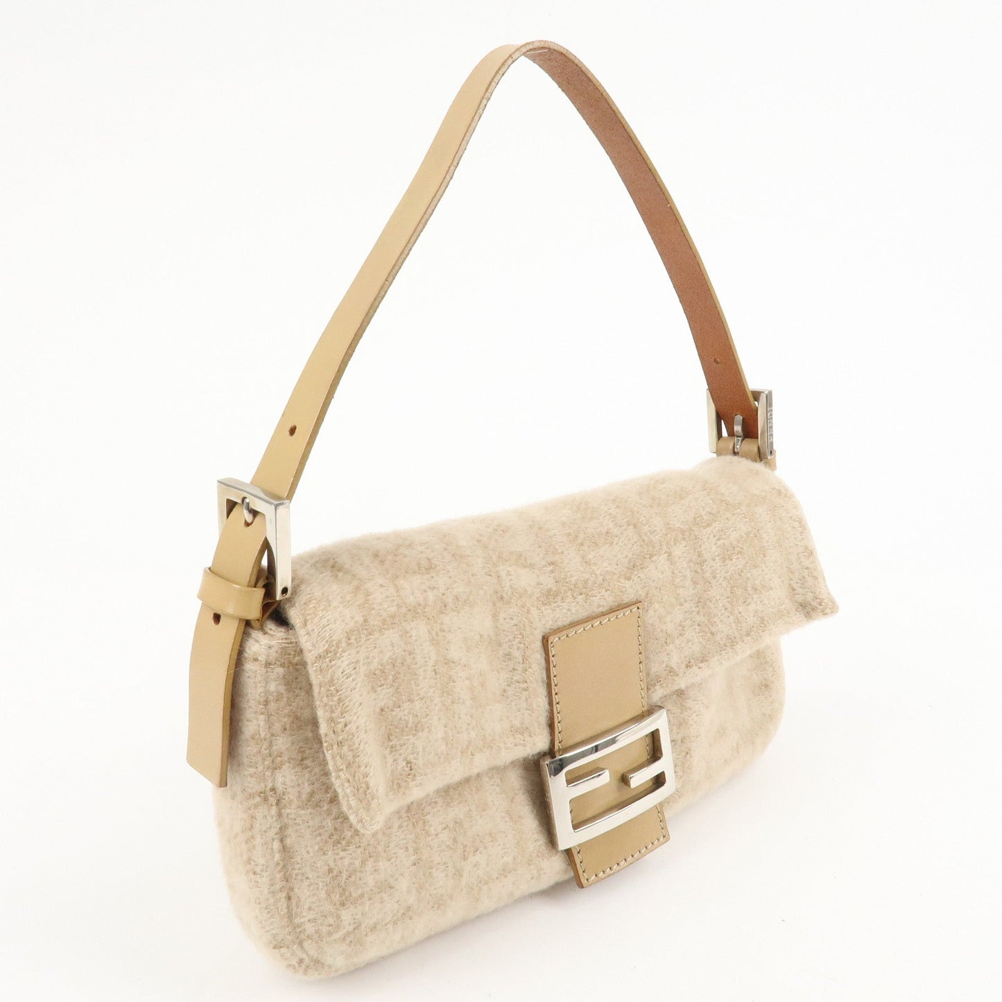 FENDI Mamma Baguette Zucca Wool Leather Shoulder Bag Beige 26424  d